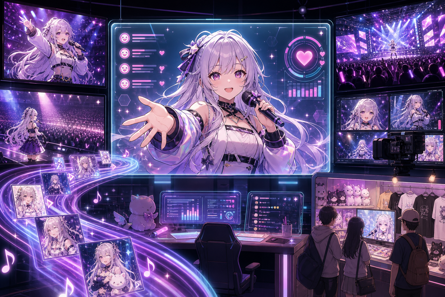 AI VTuberの夏企画、複数視点ライブ配信、歌枠リレー、店頭イベントを一週間のニュースとして並べたアニメ調キービジュアル