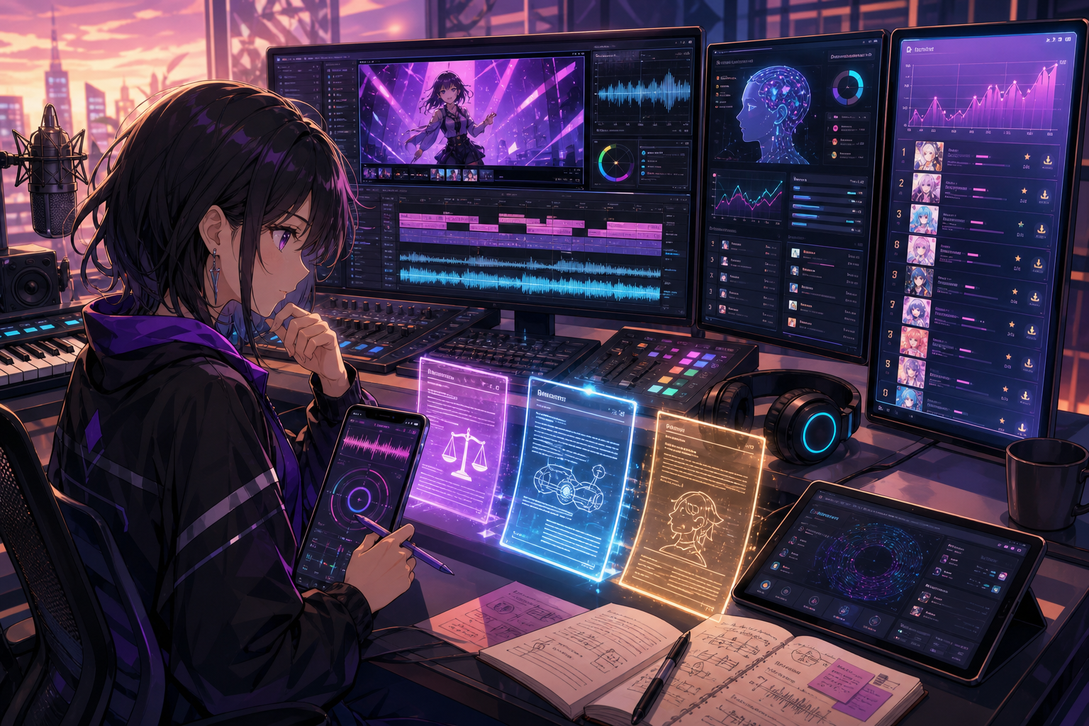 AI音楽の公式リミックス、特許文書、音声生成ツール、開示ダッシュボード、チャート画面を一週間のニュースとして並べたアニメ調キービジュアル