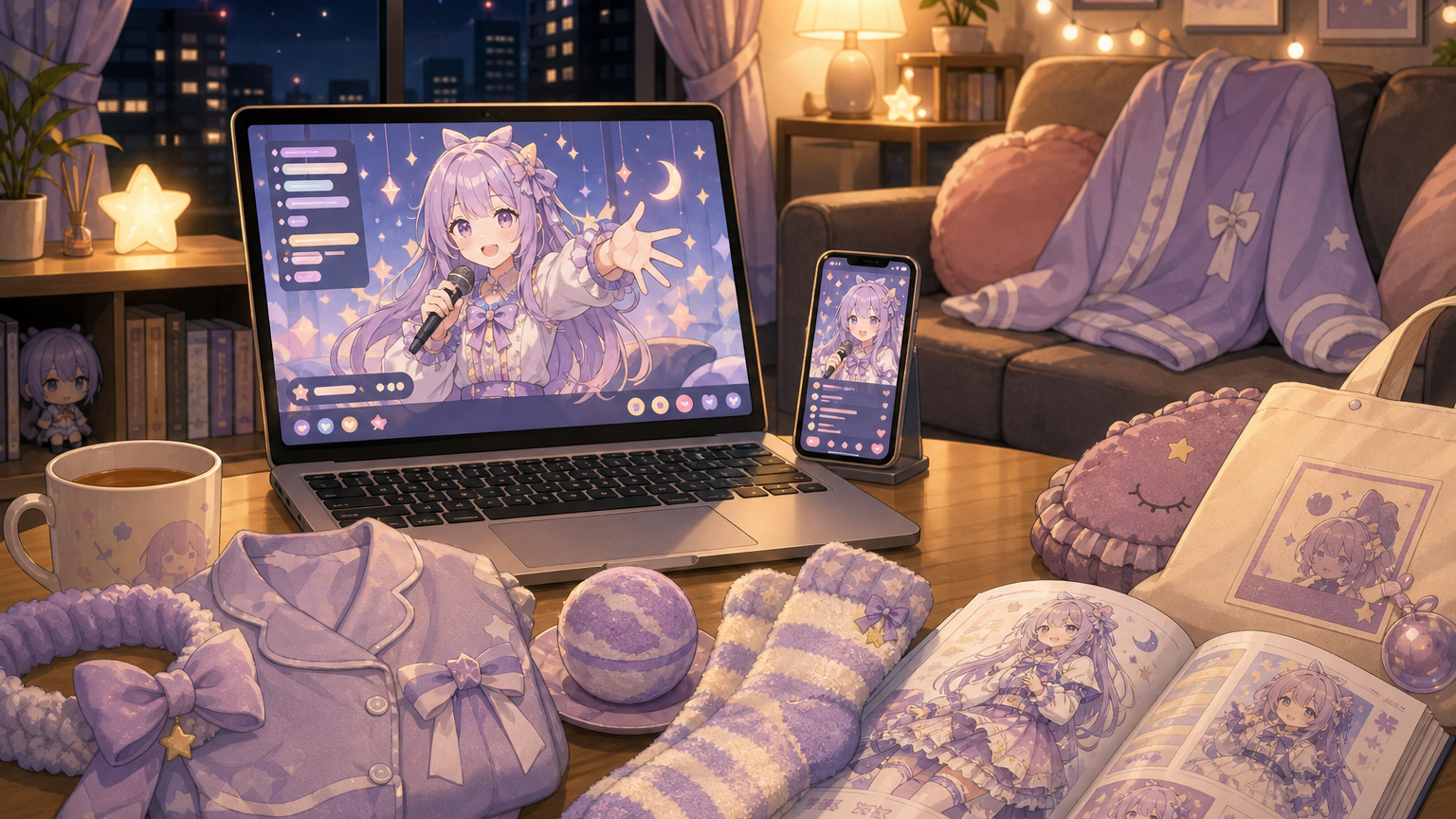 おうちのリビングでVTuber配信を見ながら、ルームウェアや小物に囲まれてくつろぐファンを描いたアニメ調キービジュアル