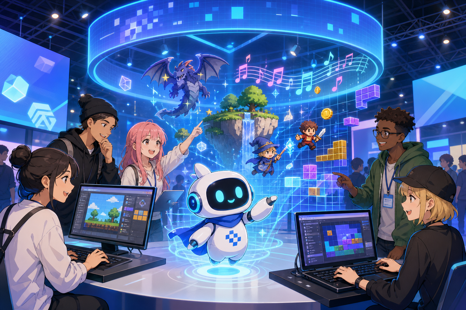 国際ゲーム展示会のブースで、AIエージェントがゲーム画面や素材を投影し、来場者とクリエイターがブラウザゲームを試遊しているアニメ調キービジュアル
