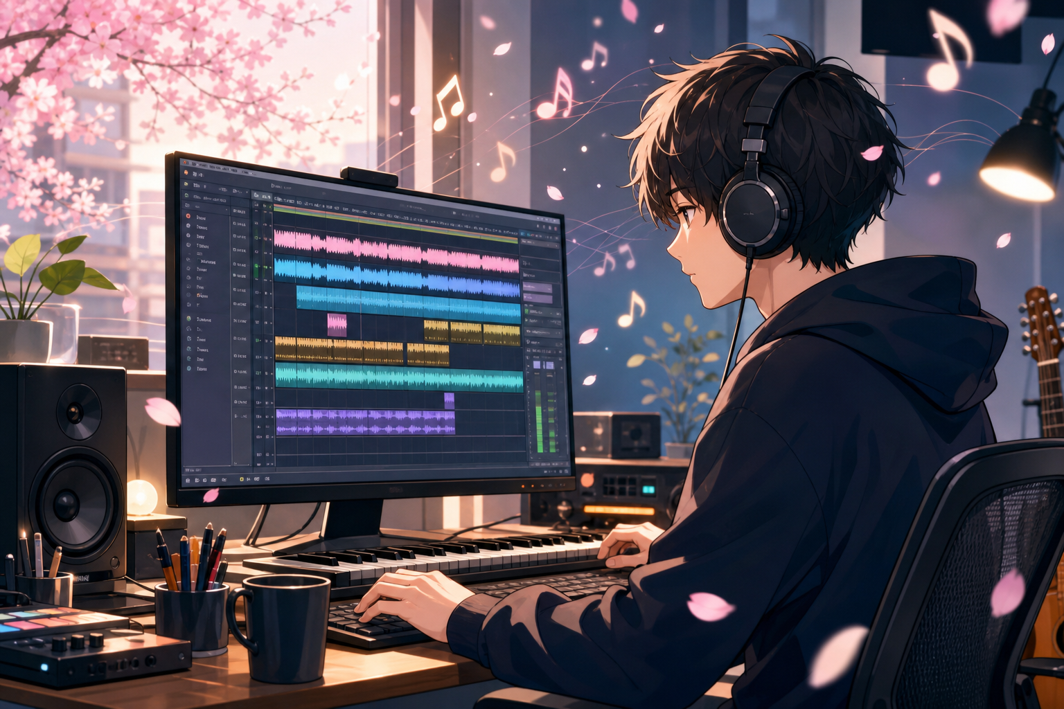 ヘッドホンをつけてPCのループ作曲画面とJ-POP風の音楽素材を操作するクリエイターを描いたアニメ調キービジュアル