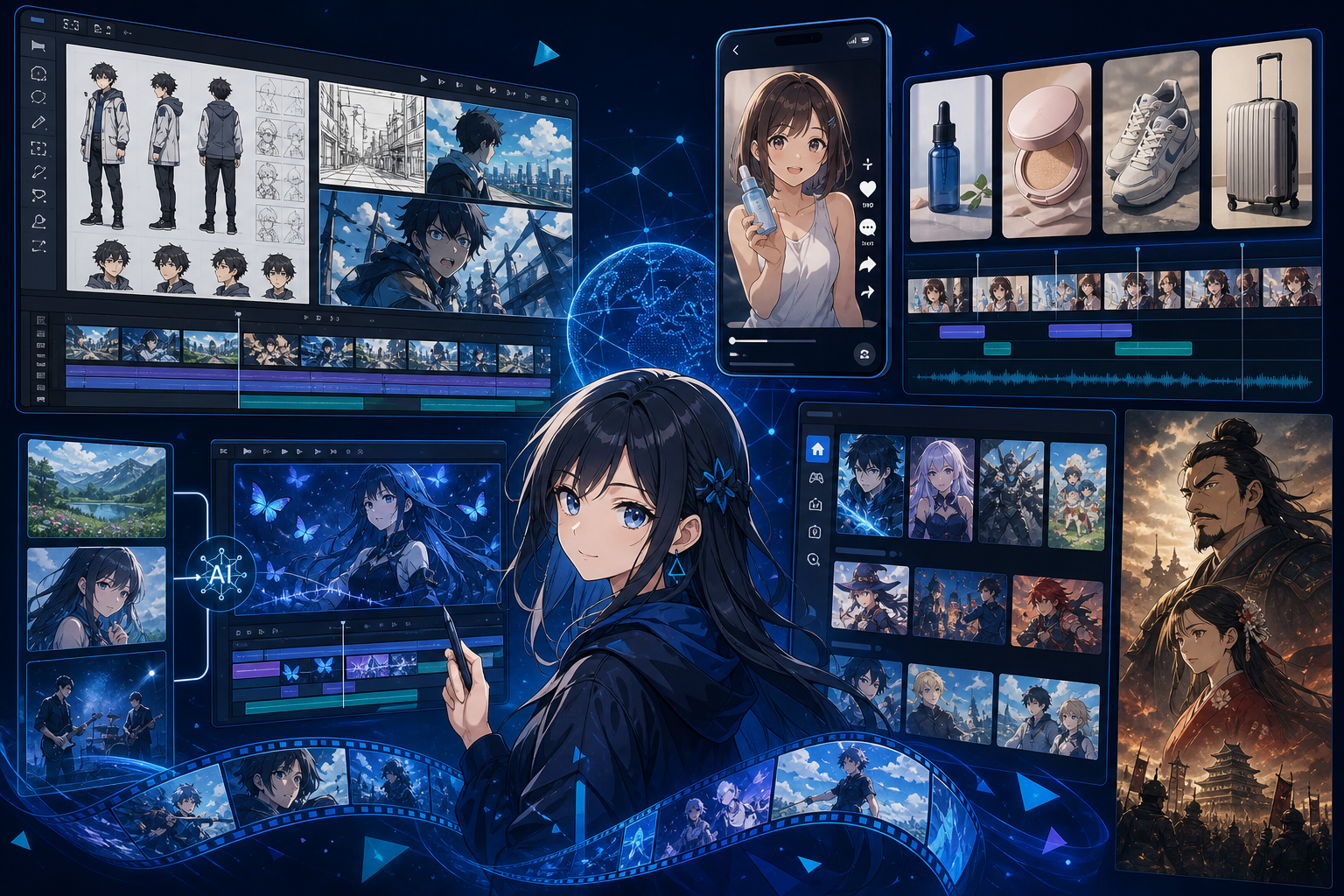 AIアニメ制作管理画面、縦型短尺動画タイムライン、参照素材ベースのMV編集、ストリーミング配信ダッシュボード、長尺映画ポスターを一週間のニュースとして並べたアニメ調キービジュアル