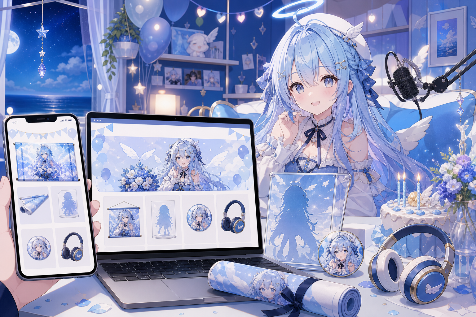 海を思わせる青い配信部屋で、天使モチーフのVTuberの誕生日ボイスと記念グッズをスマートフォンで選ぶファンを描いたアニメ調キービジュアル