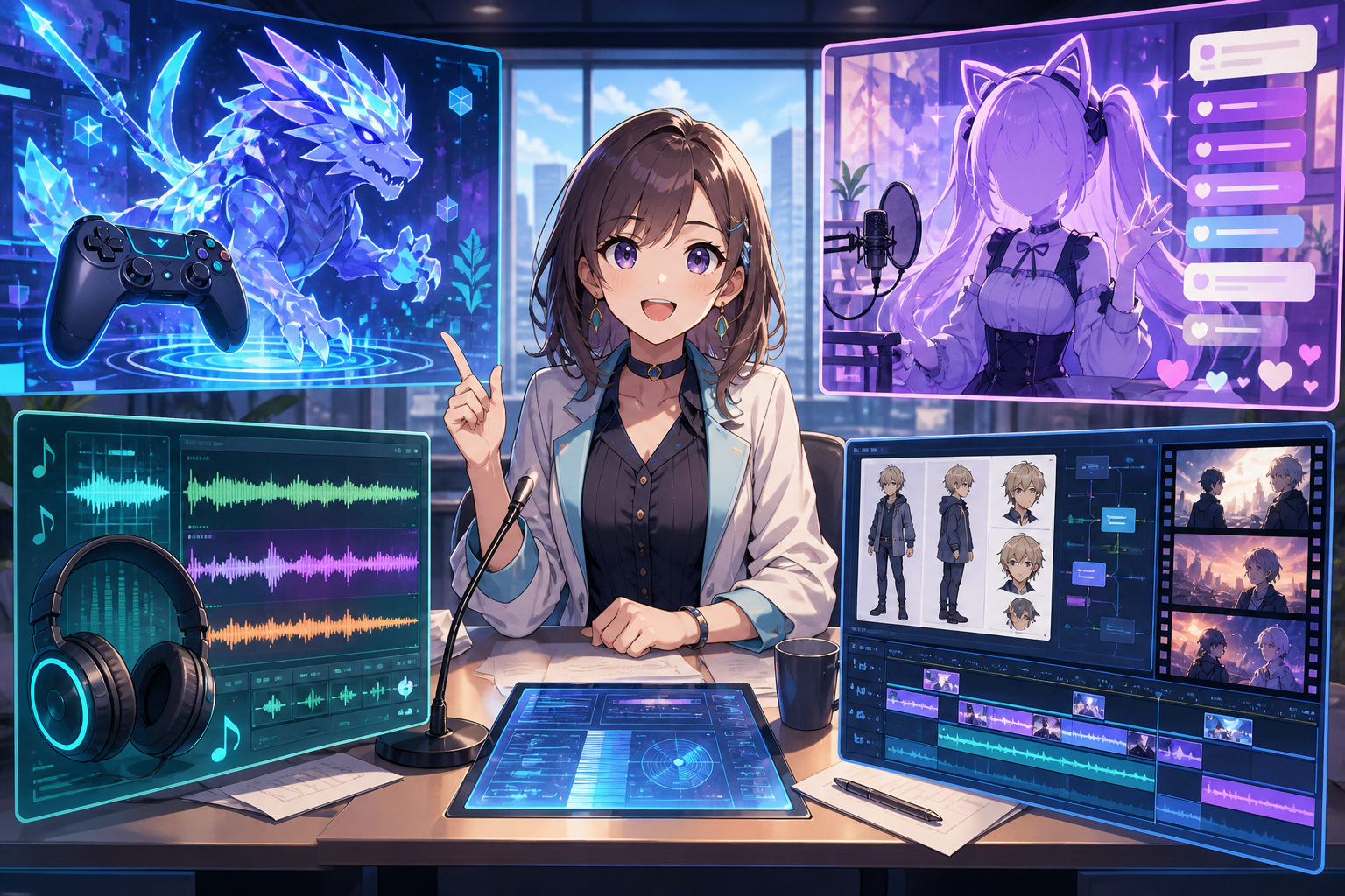AIゲーム、VTuber配信、AI音楽、AI映像制作の4領域をニュースデスクで整理するアニメ調の週次ダイジェストイラスト