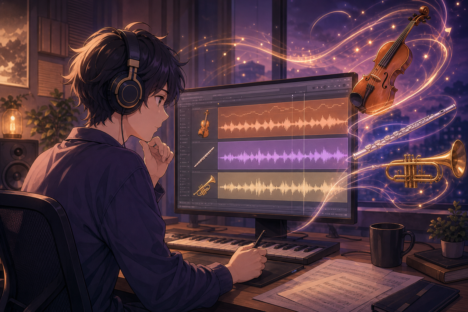ヘッドホンをつけてPC上の弦楽器・管楽器トラックを編集する音楽クリエイターを描いたアニメ調キービジュアル
