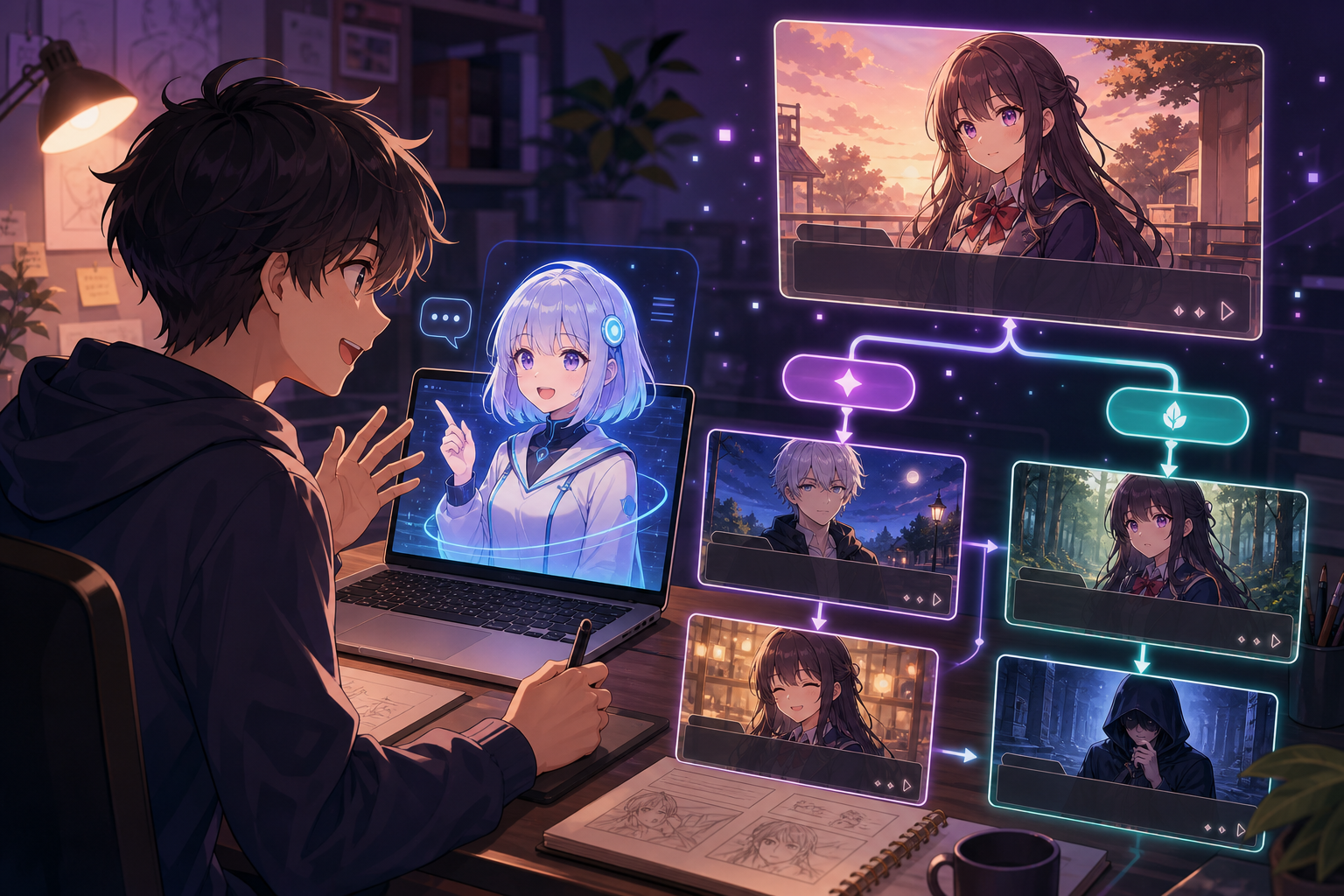 AIアシスタントと会話しながら、分岐するビジュアルノベルのシーンと選択肢が画面に広がるクリエイターを描いたアニメ調キービジュアル