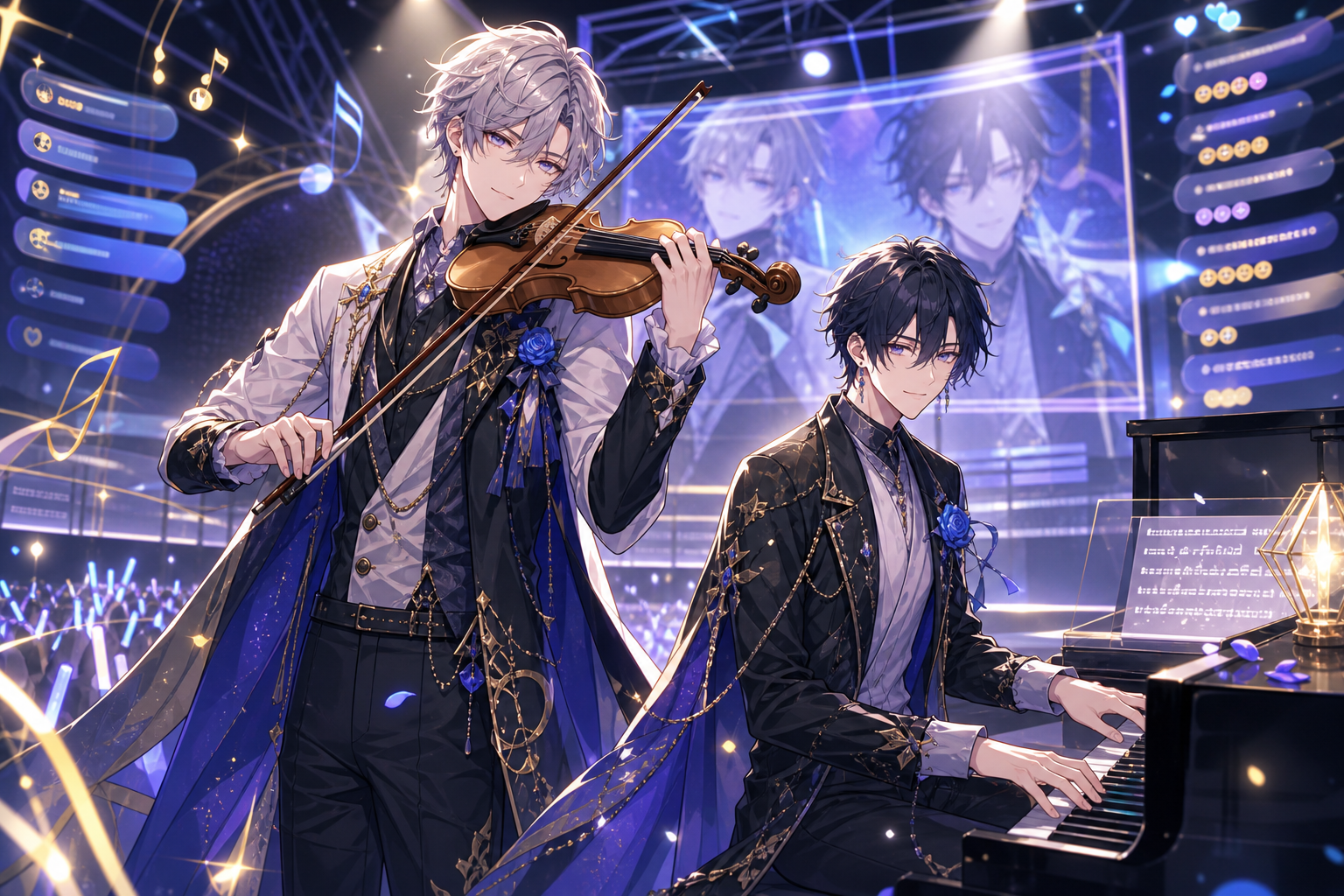 青と金の配信ステージで、ヴァイオリンとピアノを担当する2人の男性VTuberが音楽デビュー配信を行うアニメ調キービジュアル