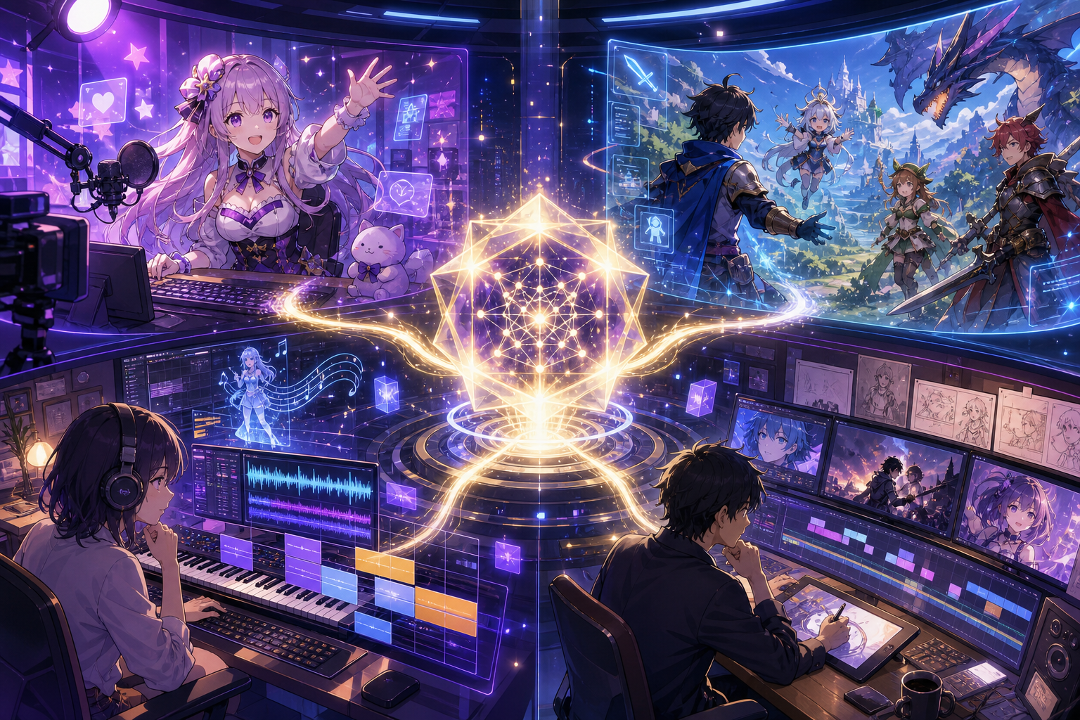 基盤AIの光がVTuber配信、ゲーム世界、音楽スタジオ、AI映像制作タイムラインへ流れ込むアニメ調の週次キービジュアル