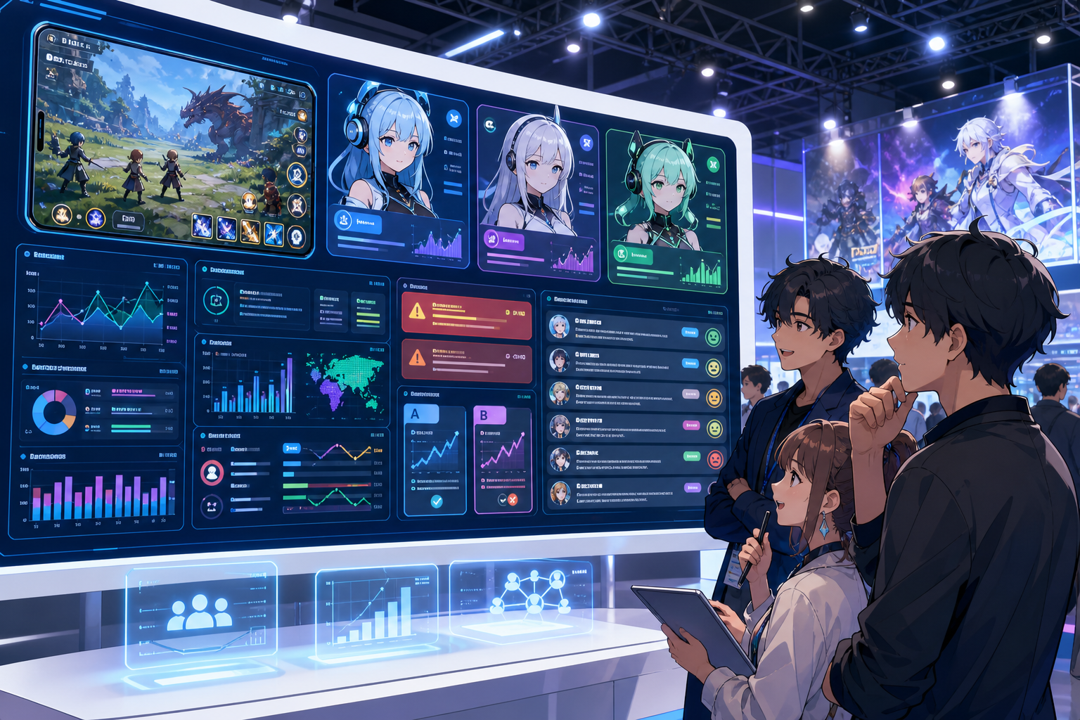 ゲーム展示会のブースでAIエージェントが運営ダッシュボードを監視し、ゲームプロデューサーが施策カードを確認しているアニメ調キービジュアル