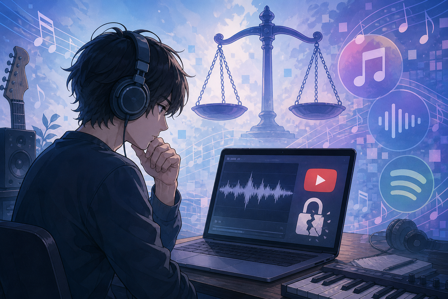 ヘッドホンをつけた音楽クリエイターが、波形とYouTube再生画面の前で著作権訴訟を意識する様子を描いたアニメ調キービジュアル
