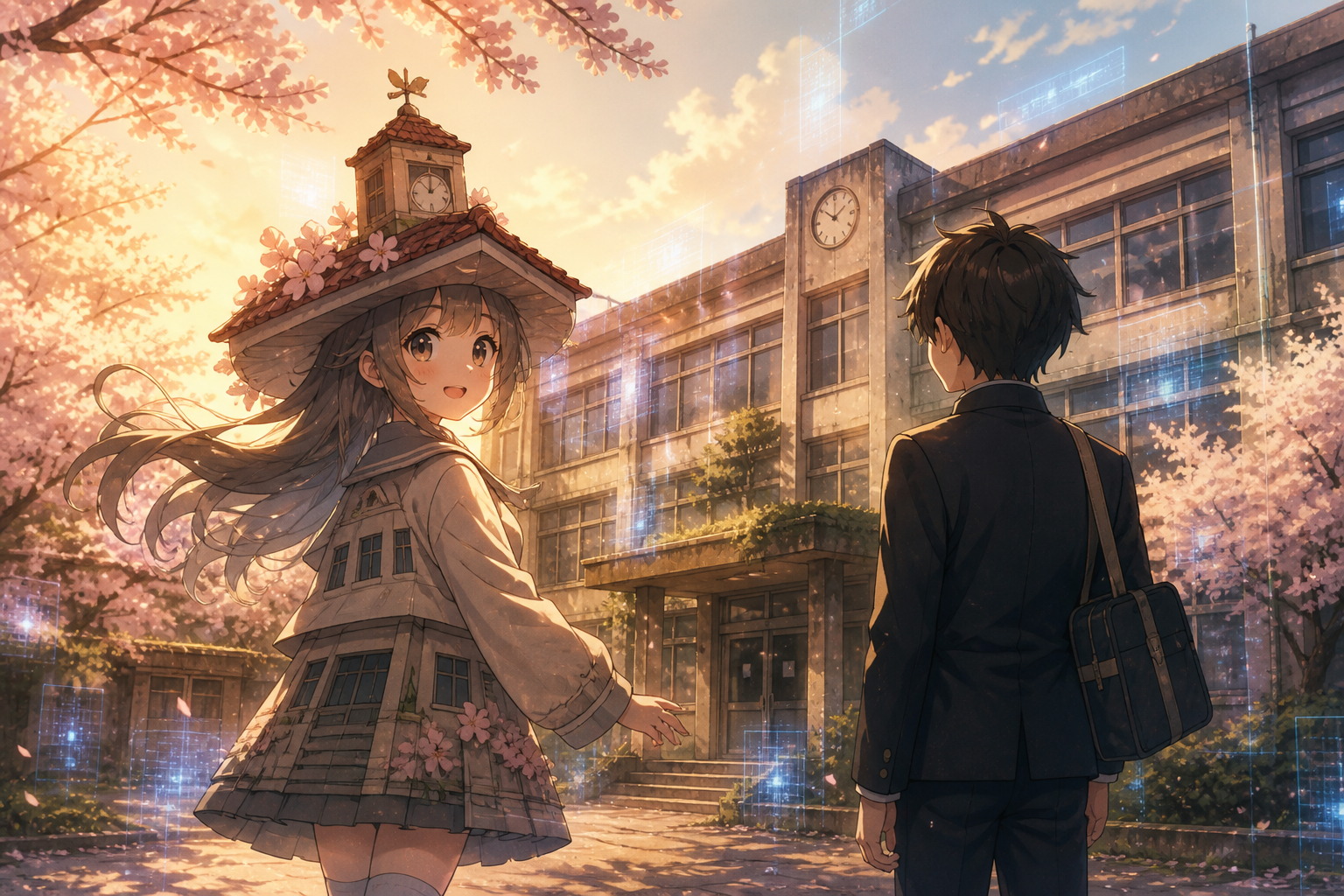 解体前の中学校校舎と校舎を擬人化した少女、転校生の少年が並ぶアニメ調キービジュアル