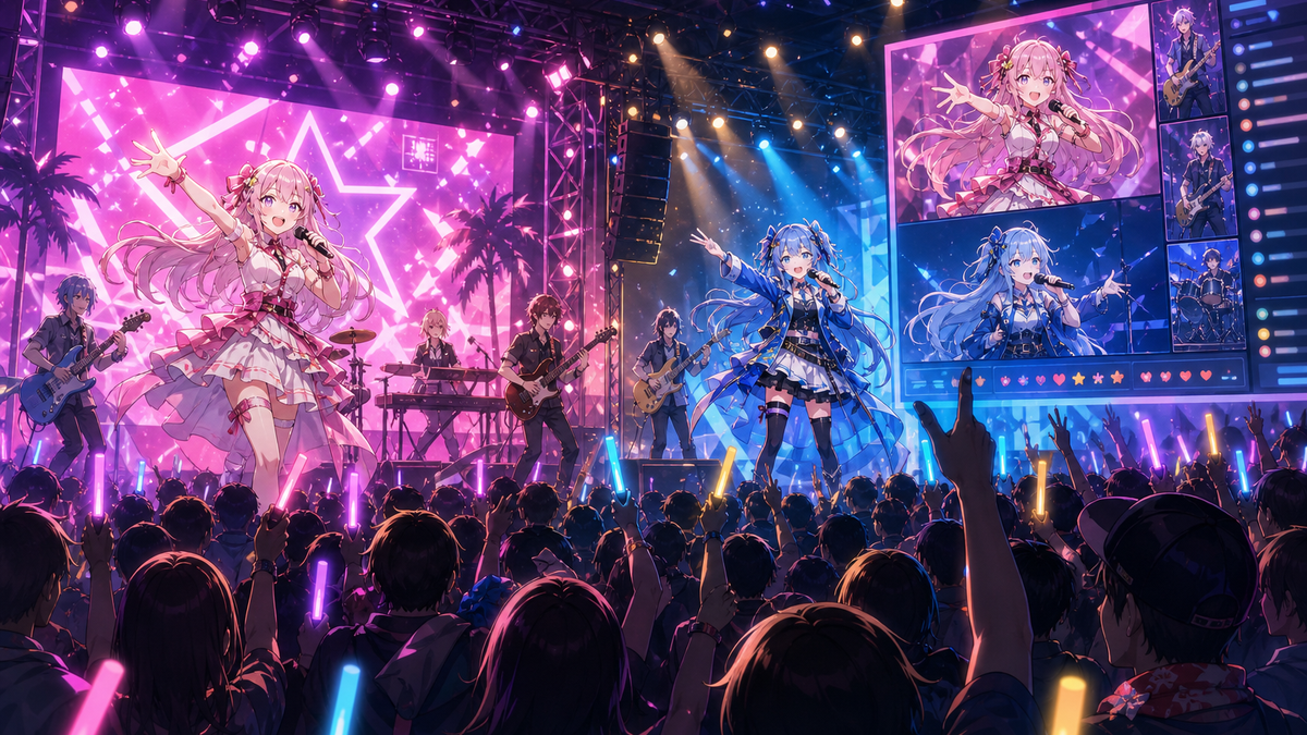 夏フェスの照明に包まれた2つのステージで、VTuberシンガーたちが生バンドと共演し、観客と配信画面が同時に盛り上がるアニメ調キービジュアル