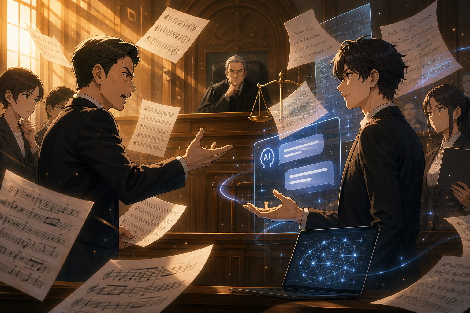 法廷の天秤と楽譜・歌詞テキスト、AIチャット画面が重なる様子を描いたアニメ調キービジュアル