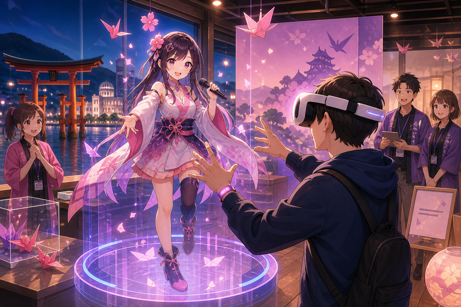広島の街を思わせる会場で、VTuberとファンが一対一で交流し、VRゴーグルや浮空ライブステージが並ぶアニメ調キービジュアル