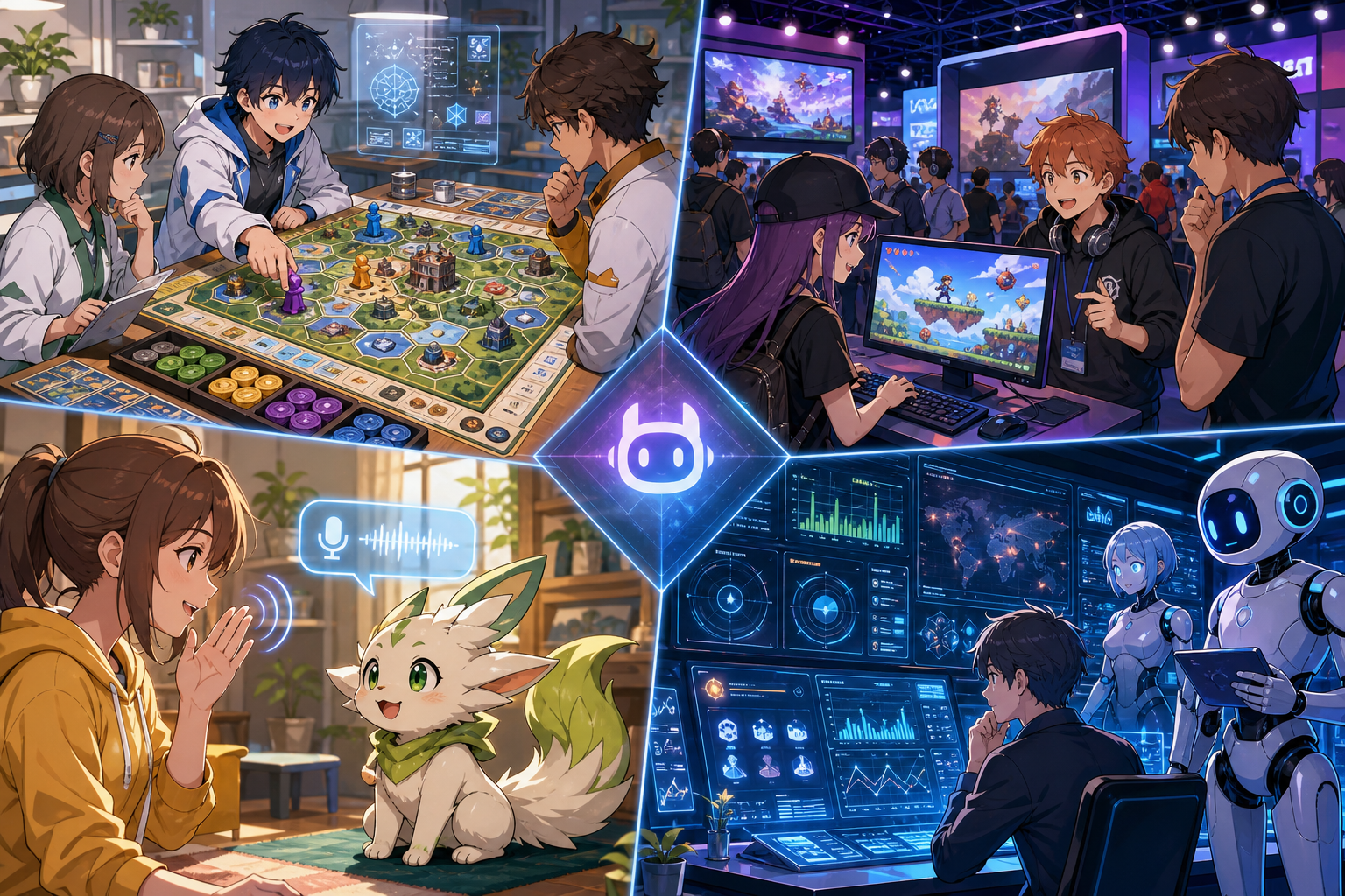 AIラボ経営ゲーム、AIゲーム制作ブース、会話できるクリーチャー、運営ダッシュボードを一週間のゲームニュースとして並べたアニメ調キービジュアル