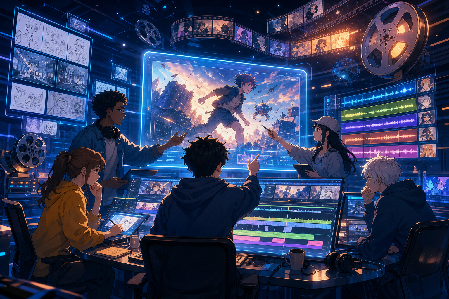 ホログラムの絵コンテと編集タイムラインが並ぶ未来型クリエイティブスタジオで、チームがAI映像制作を進めるアニメ調キービジュアル