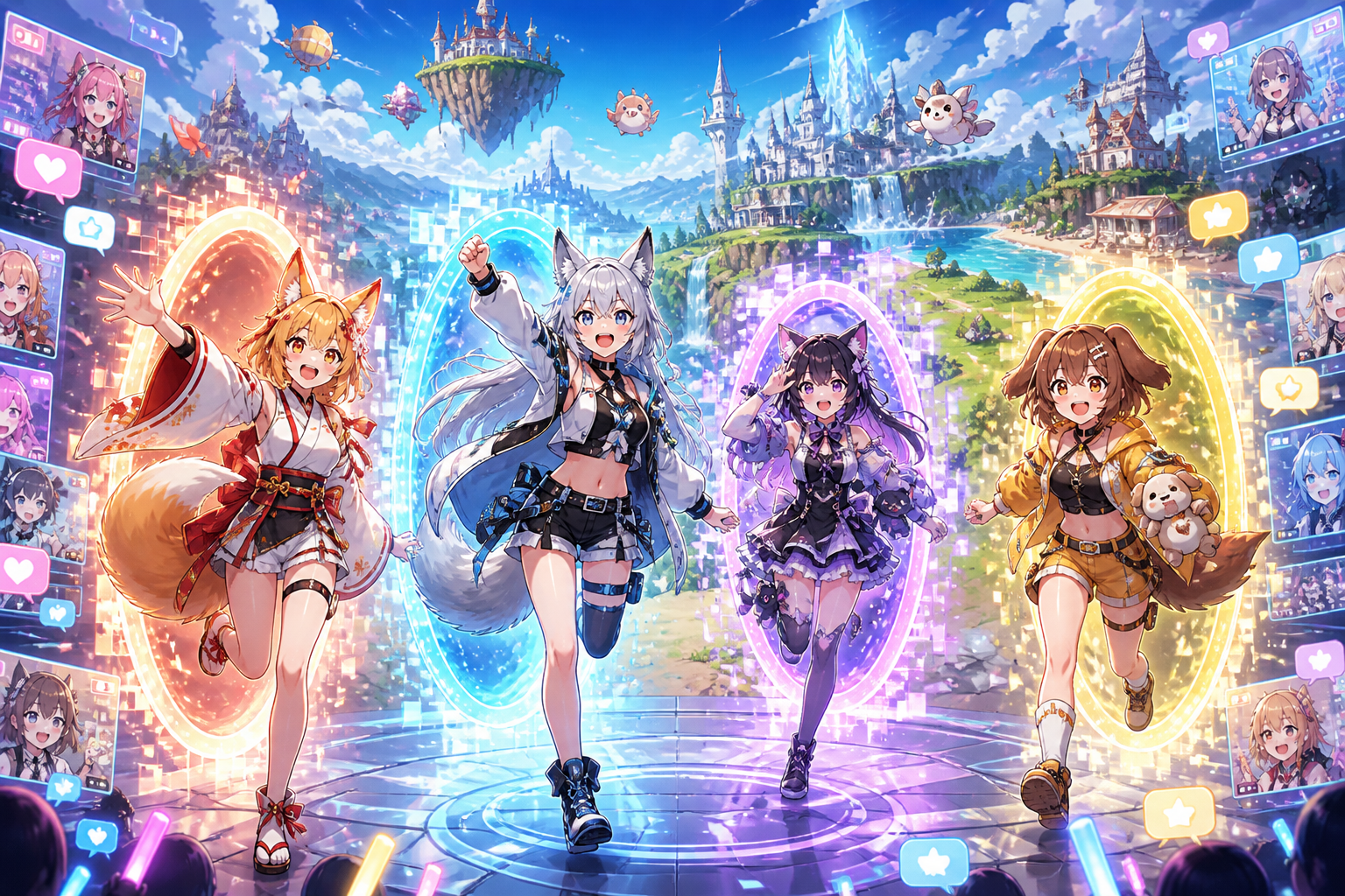 ファンタジーゲームの世界に入る4人のVTuberシルエットと、周囲に浮かぶライブ配信画面が描かれたアニメ調キービジュアル