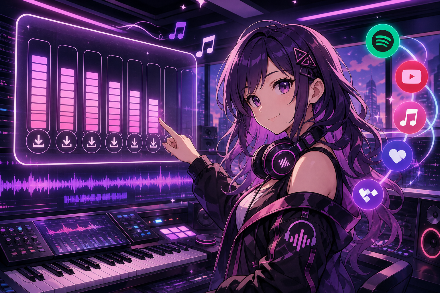 ダウンロードカウンターと波形、配信プラットフォームを示すアニメ調の音楽スタジオ風イラスト