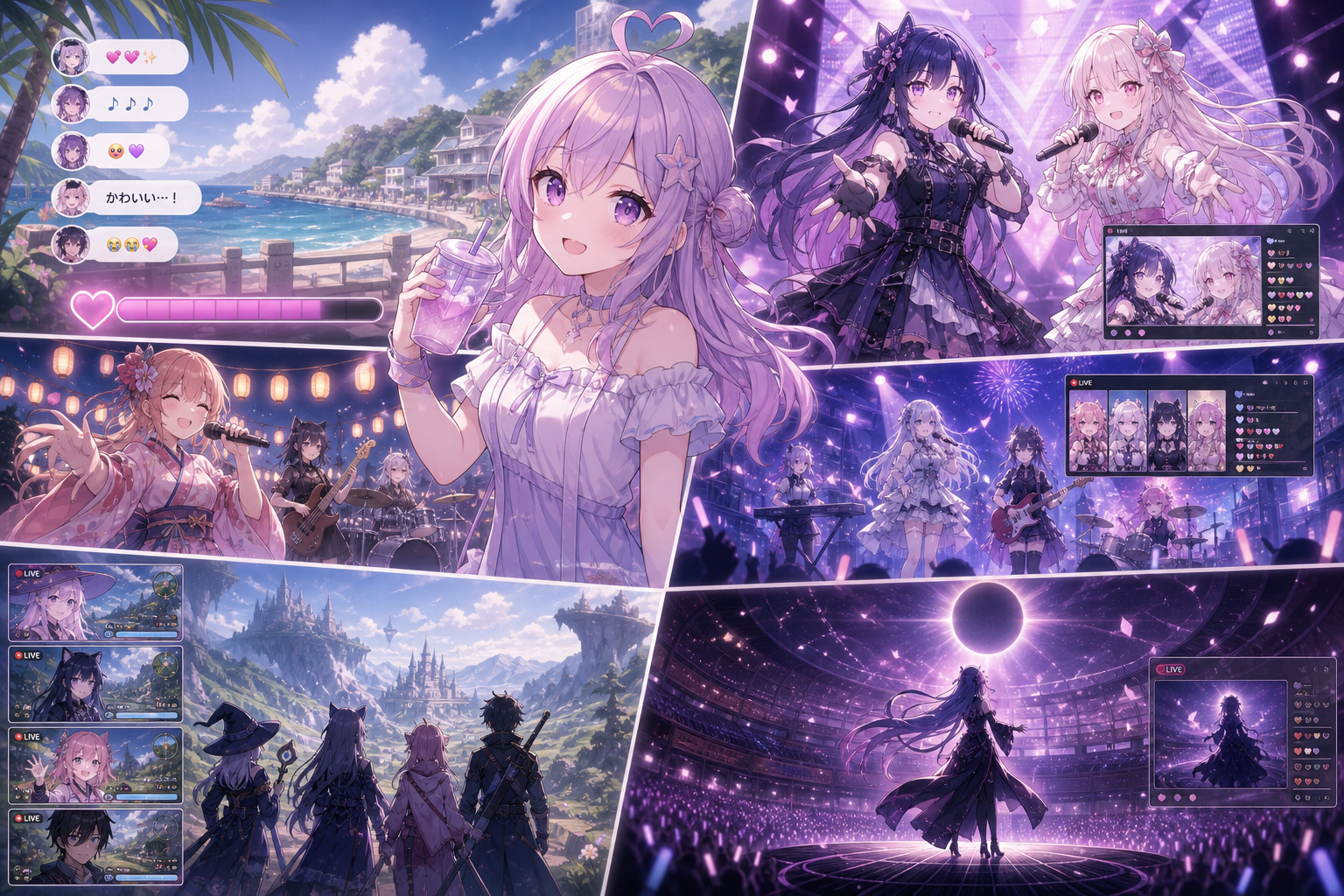 AI VTuberの夏企画、音楽デビュー配信、夏フェスの2ステージライブ、ゲームコラボ配信、武道館を思わせる円形ステージを一週間のニュースとして並べたアニメ調キービジュアル