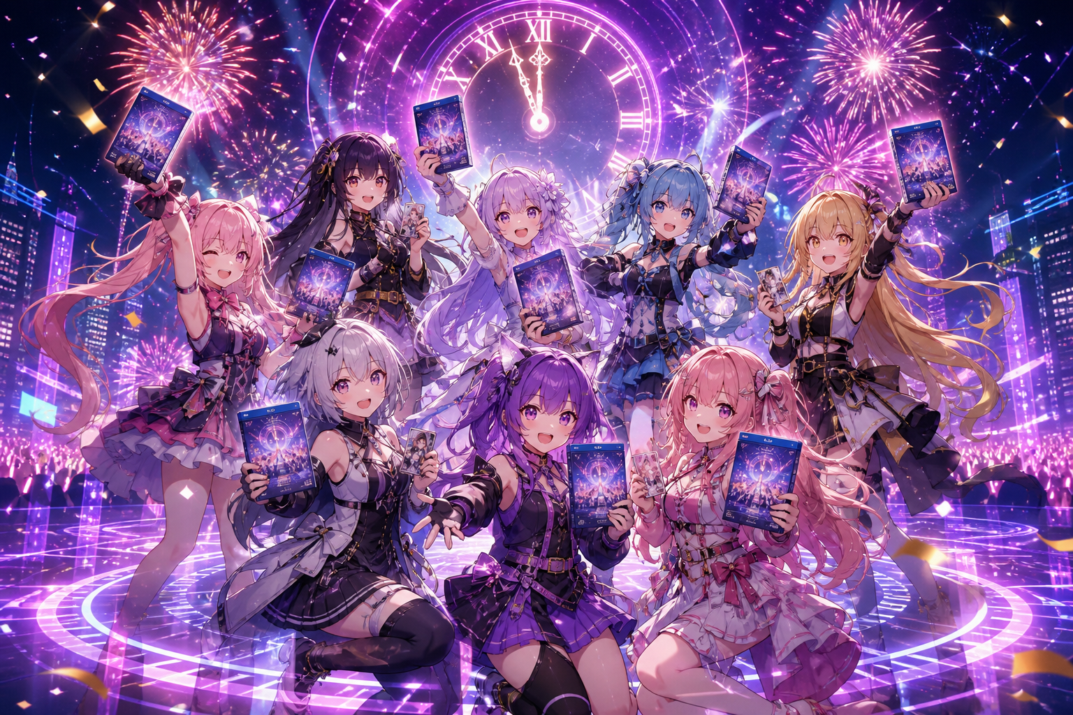 年越しの花火とARステージに立つ複数のVTuberシルエットが、Blu-rayパッケージとブロマイドを手に祝うアニメ調キービジュアル