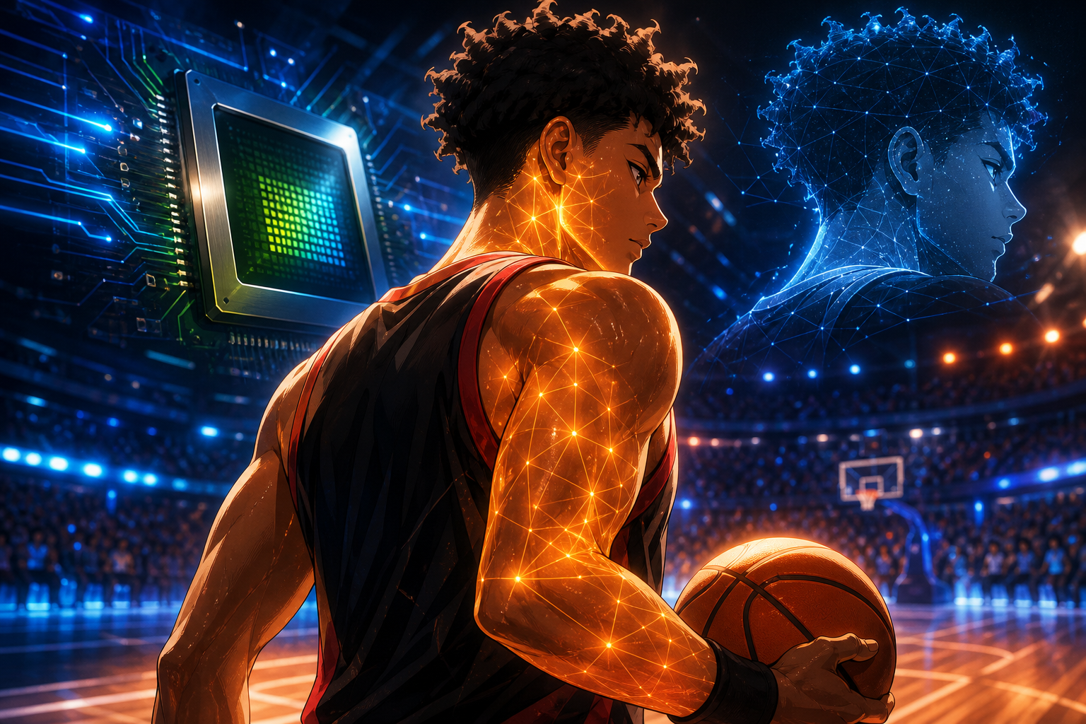 バスケットボールコートで選手の肌と髪にニューラルレンダリングの光が当たる、AIグラフィックス強化をイメージしたアニメ調キービジュアル