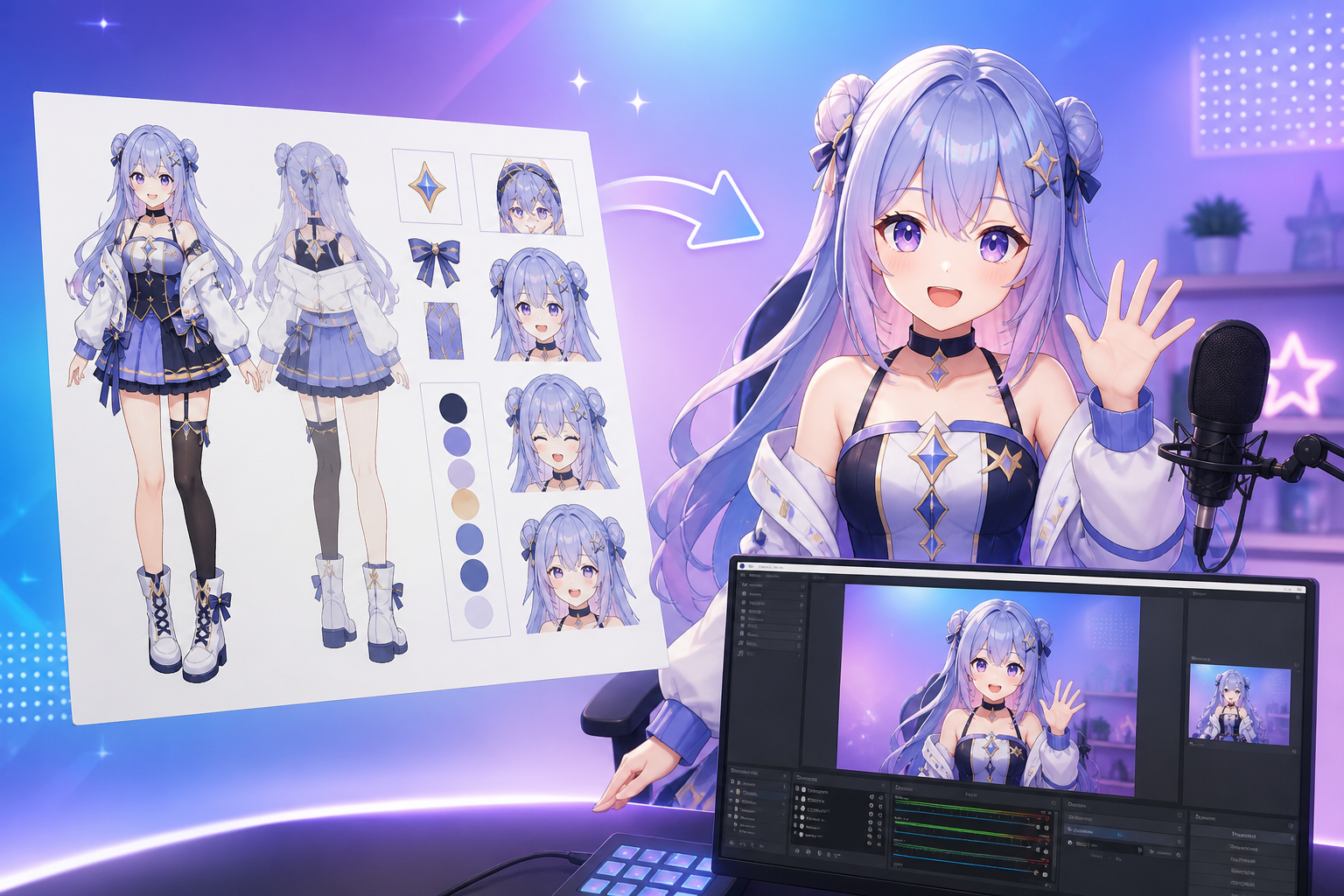 一枚のイラストが3Dアバターに変わり、マイクとOBS配信画面へつながる流れを描いたアニメ調キービジュアル