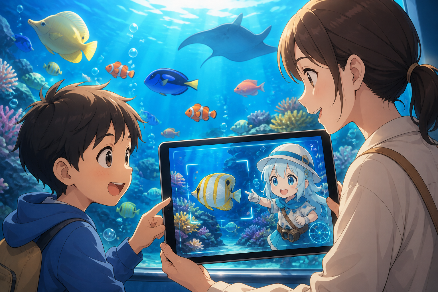 水族館の水槽前でタブレットを持ち、カメラで魚を探す親子と、探検隊員キャラクターが案内するアニメ調のイラスト