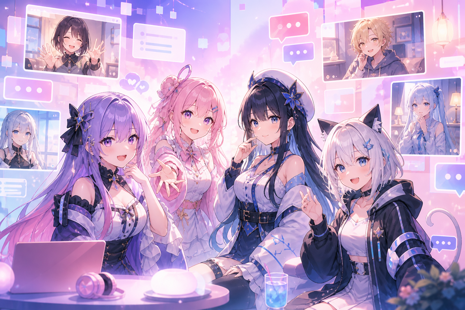 パステル調のオンラインイベント空間で、4人のAI VTuberキャラクターがファンと1対1のビデオ通話ウィンドウで会話する様子を描いたアニメ調キービジュアル
