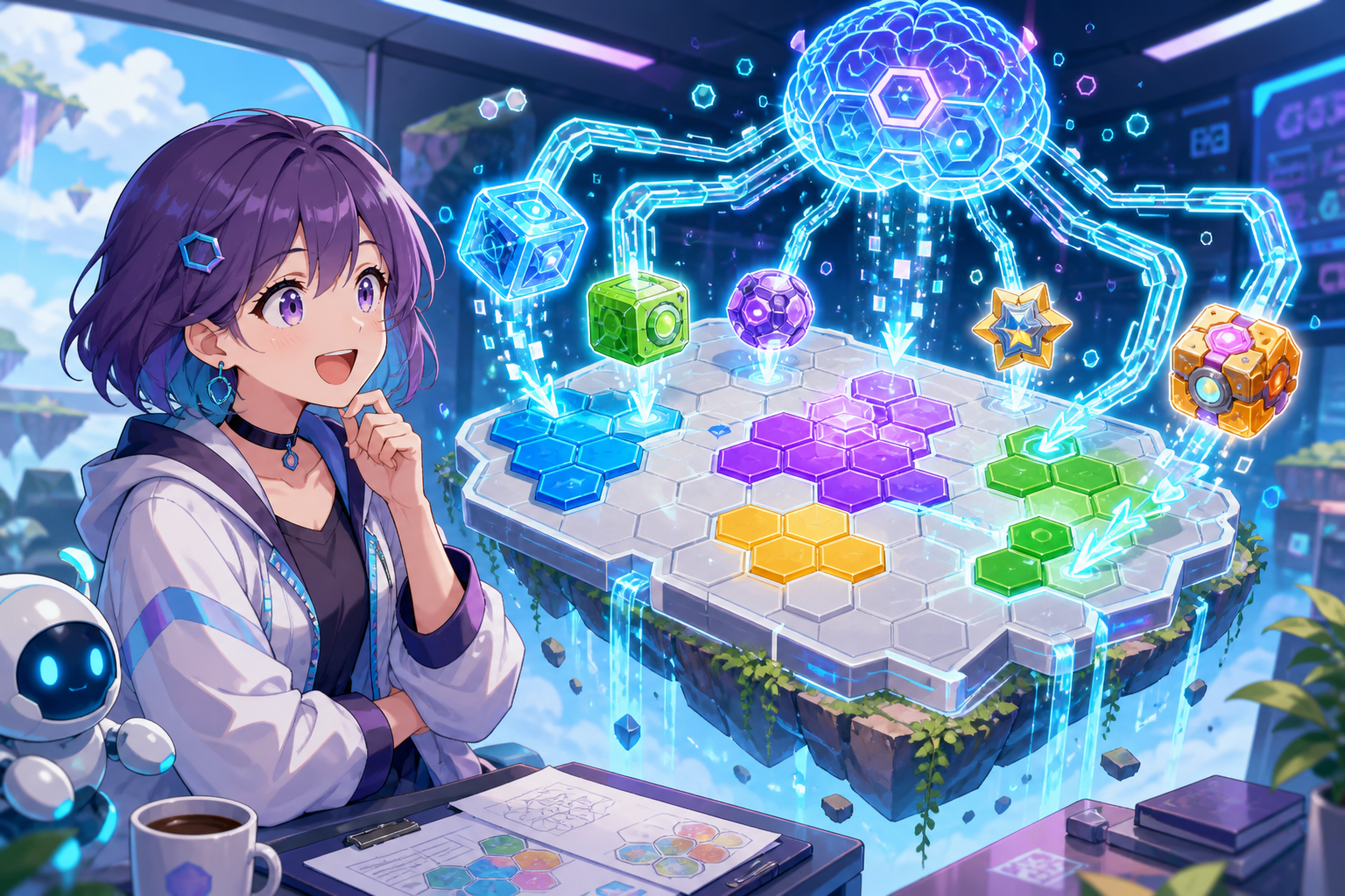 六角形パズルの盤面にギミックブロックが自動配置され、AIの光る回路がレベル生成を支援するアニメ調のイラスト