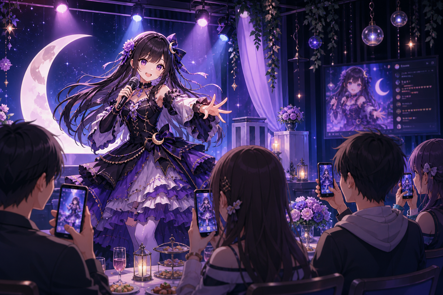 秋葉原のライブ会場ステージで3D新衣装に着替えるVTuberと、スマートフォンでZaiko配信を視聴するファンを描いたアニメ調キービジュアル