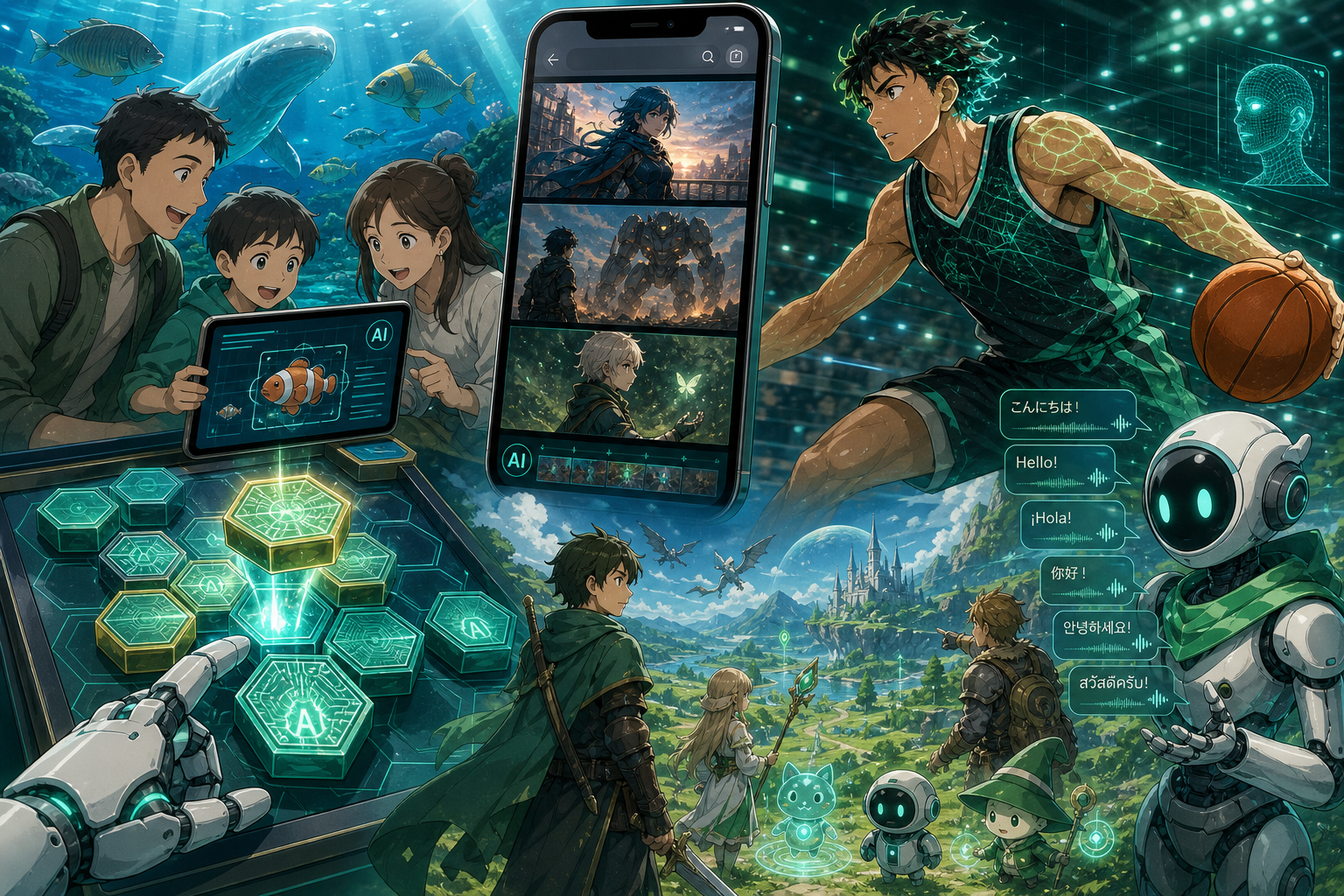 AI生成シネマ映像のブラウザRPG、六角パズルの自動生成、水族館の画像認識探検、バスケ選手のニューラルレンダリング、多言語音声ロボット、人間とAIエージェントが共存するRPG世界を一週間のゲームニュースとして並べたアニメ調キービジュアル