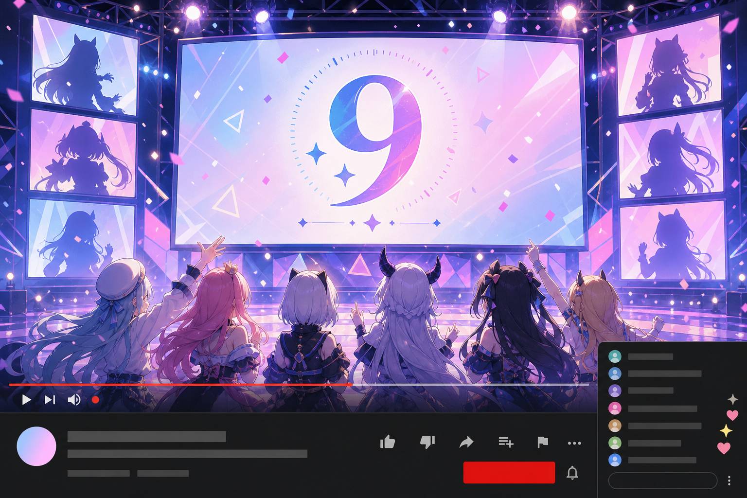 ホロライブ9周年を祝う配信スタジオで、公式情報番組のカウントダウン画面とVTuberのライブ配信ウィンドウが並ぶアニメ調キービジュアル