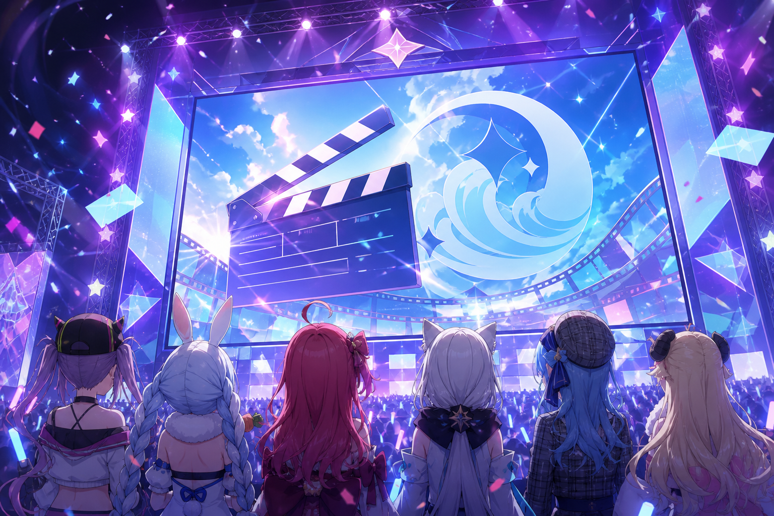 ホロライブ初のTVアニメ発表を祝う配信スタジオで、大画面にアニメ制作の映像が映り、VTuberキャラクターたちがステージを見上げるアニメ調キービジュアル
