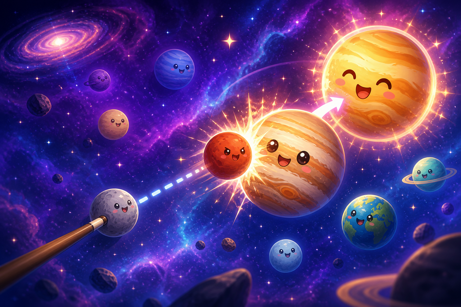 宇宙空間でビリヤードのように惑星を撃ち出し、同種の惑星を合体させるアニメ調の惑星マージパズルのイラスト