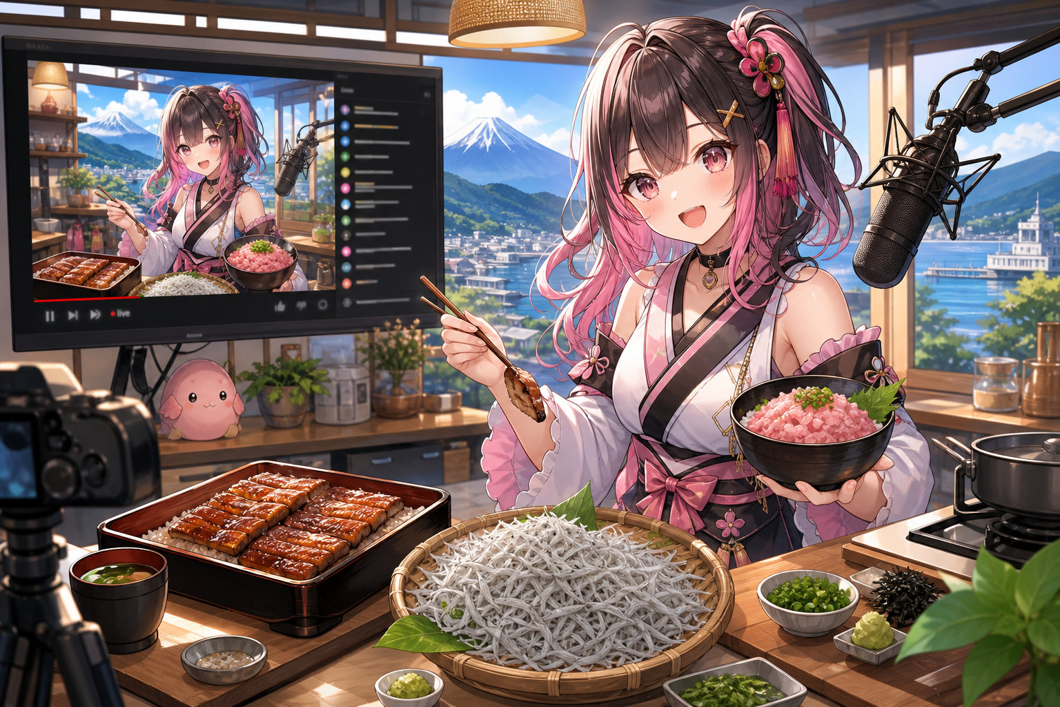 アニメ調の配信キッチンで、七瀬すず菜風のVTuberがうなぎ・しらす・ねぎとろの料理を作り、画面には吉田町の海と山の風景が映るライブ配信のイメージ
