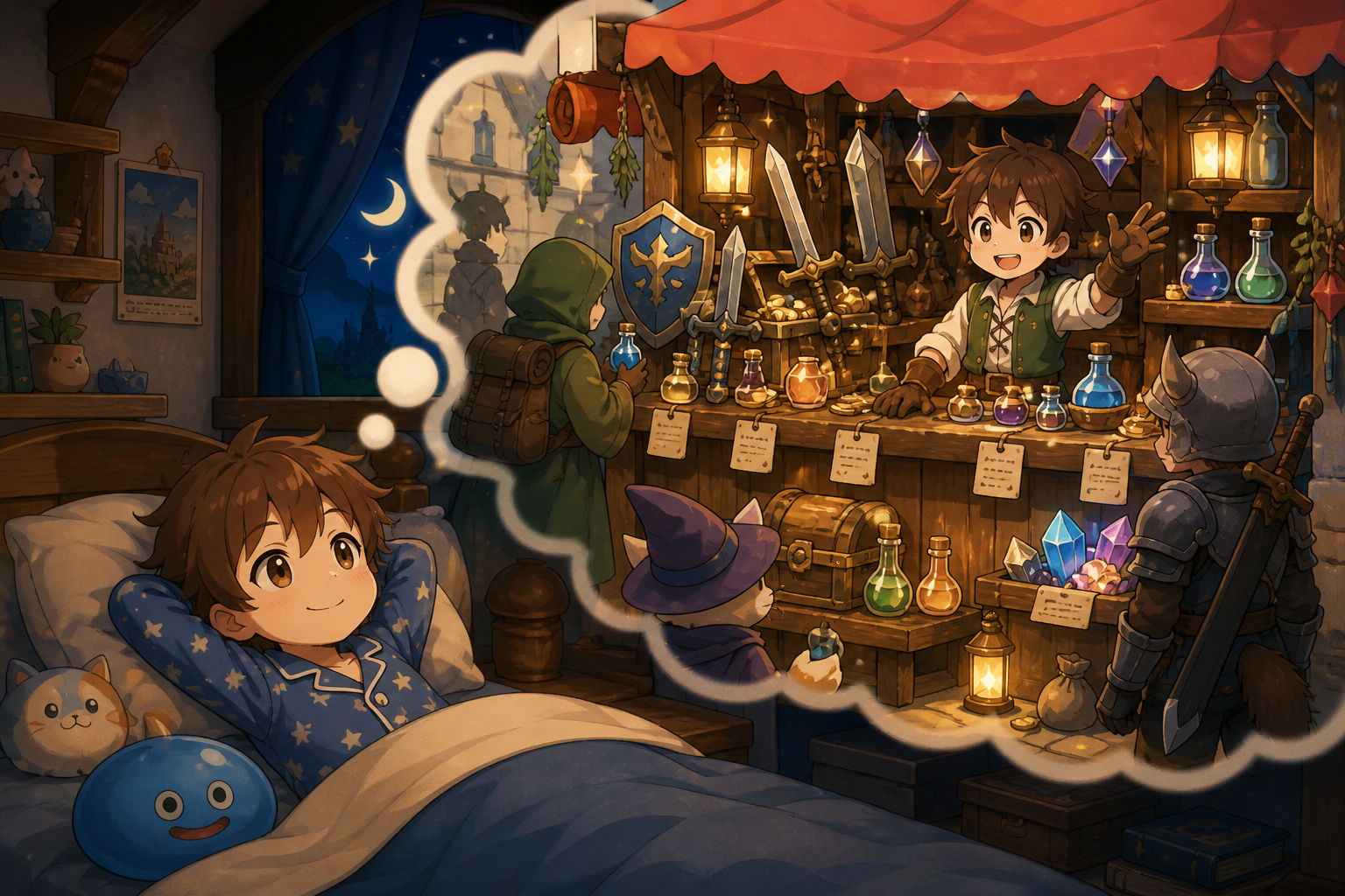 パジャマの少年が夢の中で露店を開き、剣や薬瓶などのアイテムを値付けして売るファンタジー露店シミュレーションのアニメ調イラスト