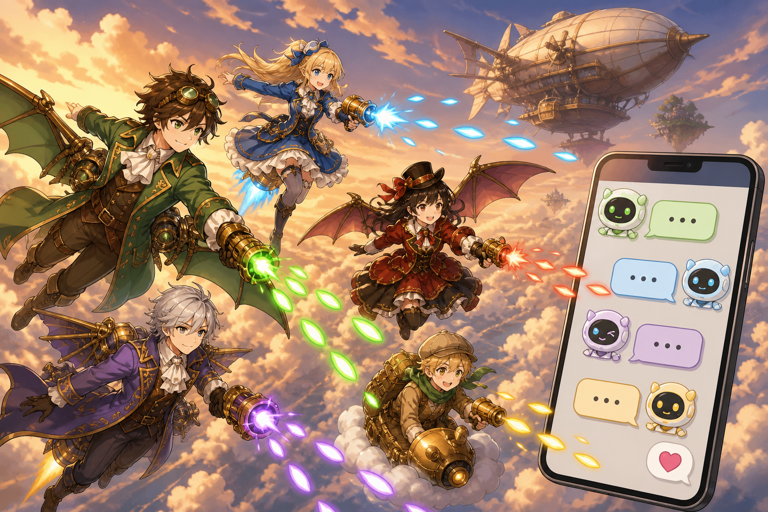 19世紀ヨーロッパ風の空を背景に、冒険者キャラクターたちがスマートフォンのチャット画面越しに会話するシューティングゲーム風のアニメ調イラスト