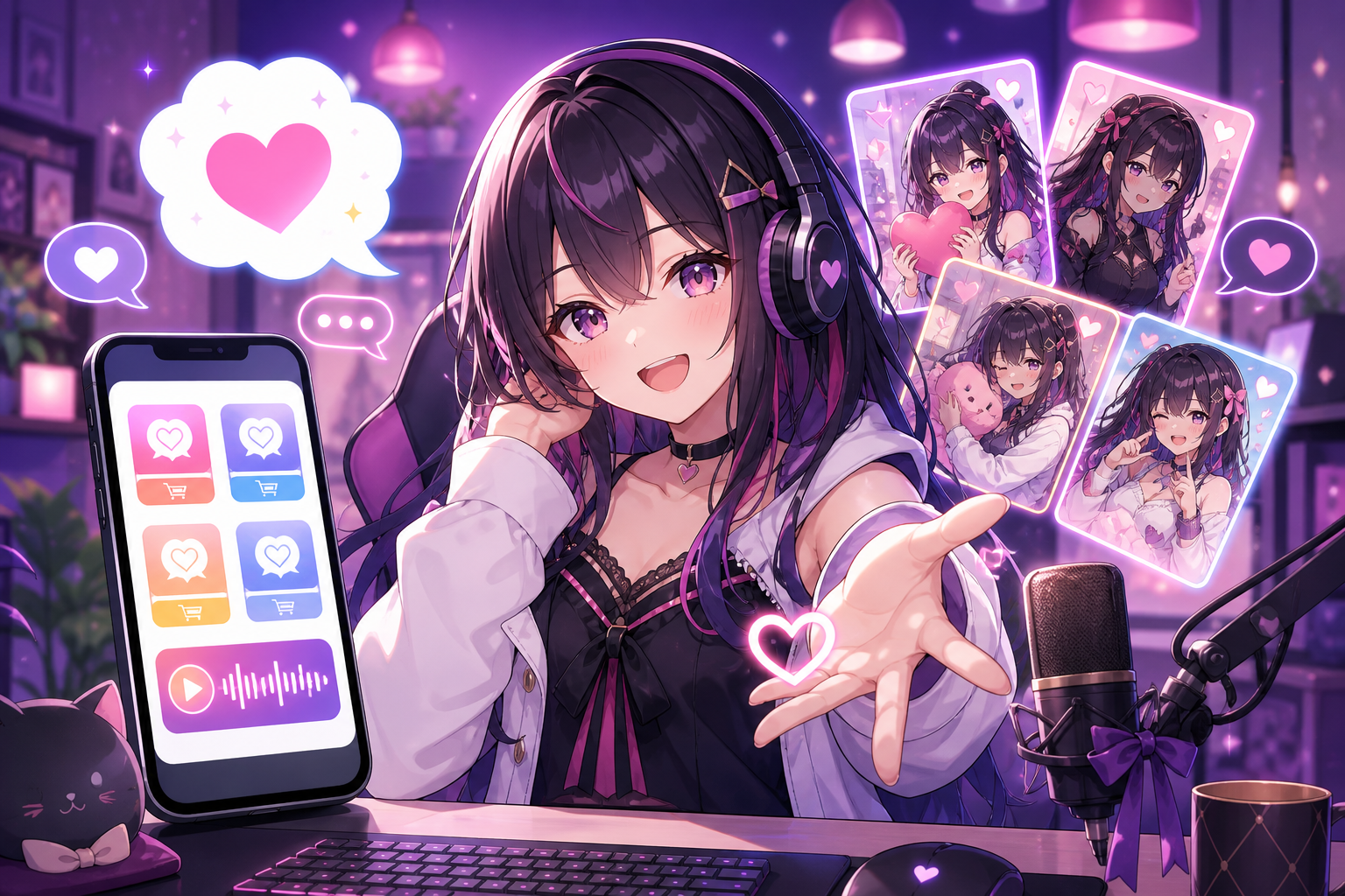 アニメ調の配信部屋で、ヘッドホンをつけたVTuber風キャラクターがスマートフォンでボイスパックを選び、約束とメイドモチーフのボイスビジュアルカードが浮かぶイメージ