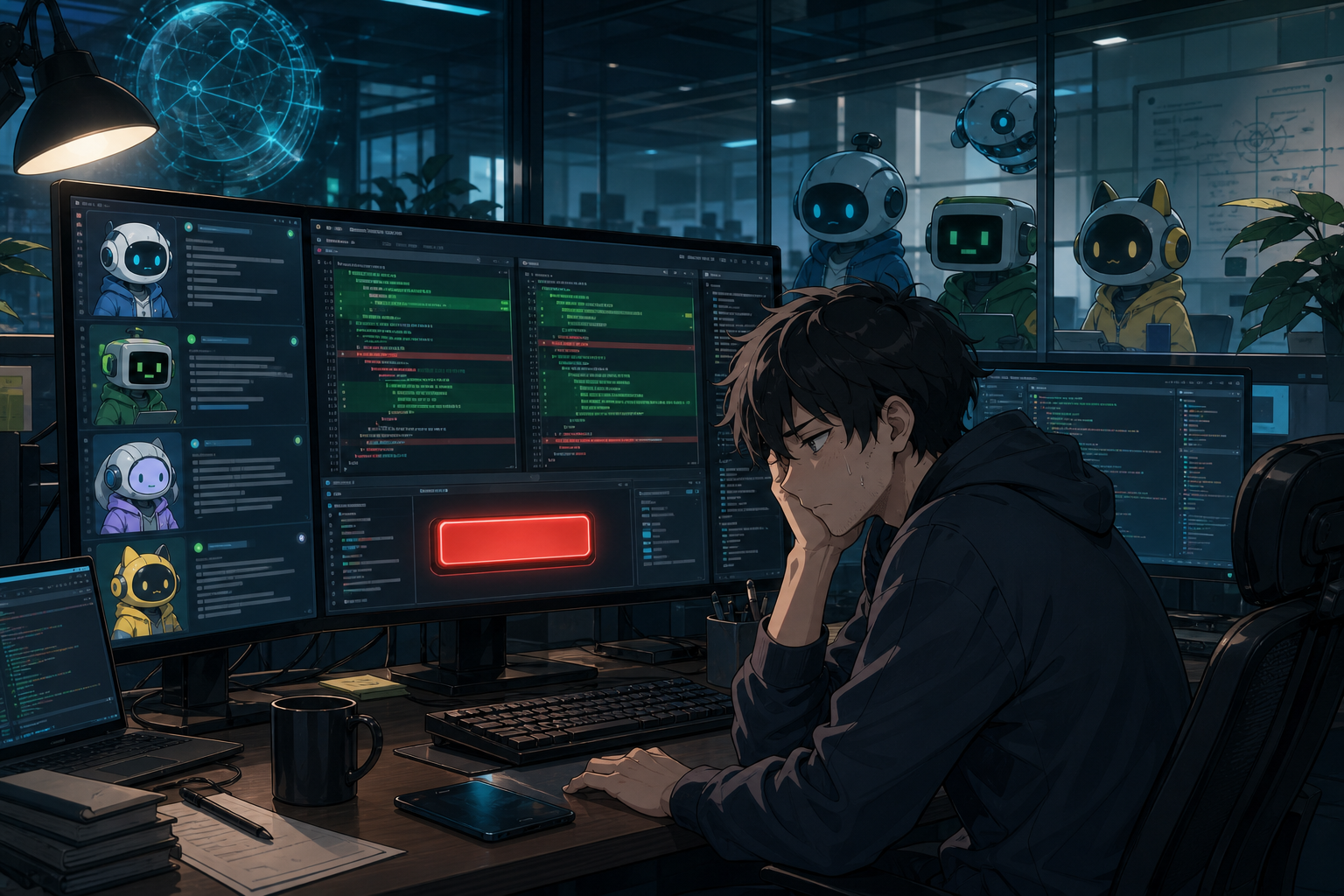 オフィスのモニターに差分コードが並び、人間のレビュアーがAIエージェントの証言を聞きながらデプロイボタンを前に迷うアニメ調イラスト