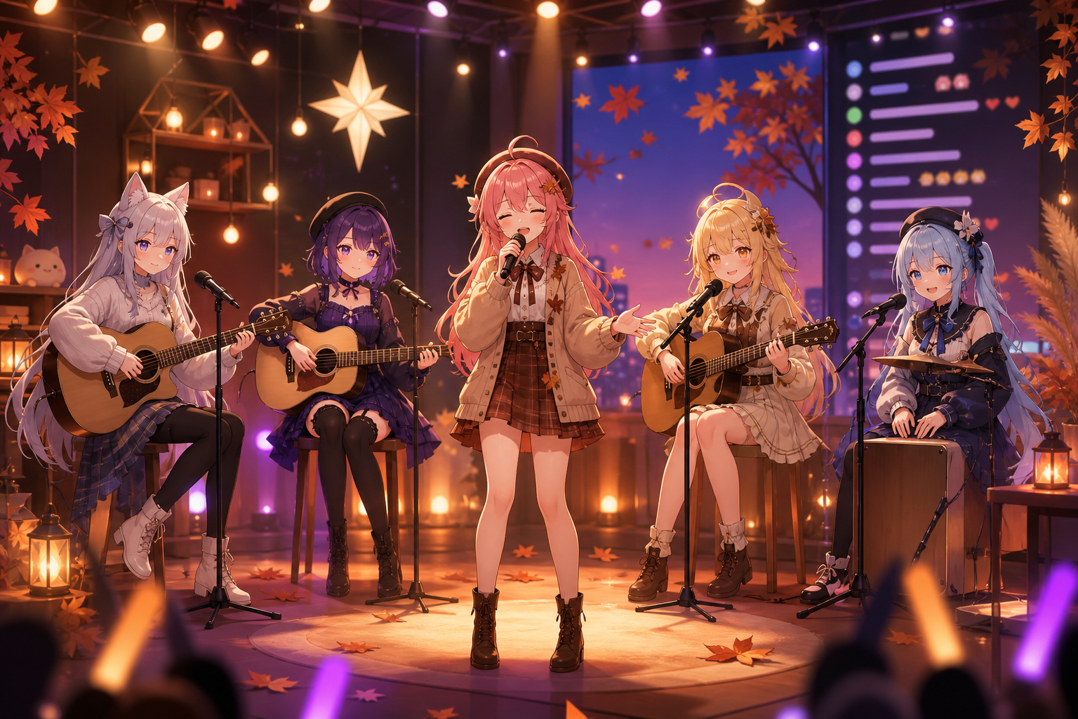 アニメ調の秋のライトで照らされた3D配信ステージで、マイクとアコースティックギターを持つVTuber風キャラクターたちが生配信ライブを行うイメージ