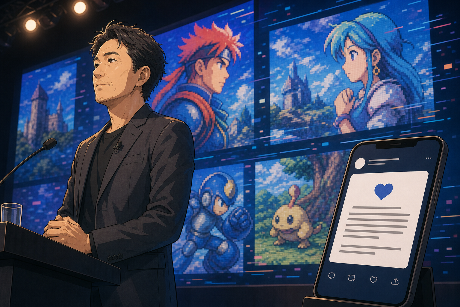 オンライン発表会のステージとスマートフォンの謝罪投稿を並べた、ゲーム業界のAI開示を描くアニメ調イラスト