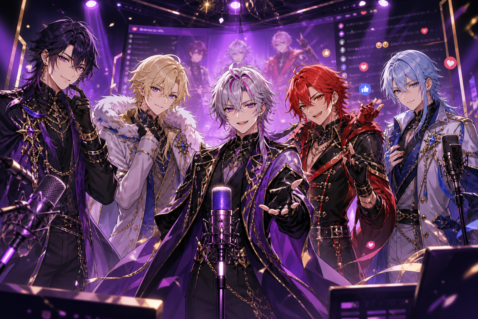 紫と金のライトで照らされた配信ステージに立つ5人の男性VTuber風キャラクターが、デビュー初配信を行うアニメ調キービジュアル