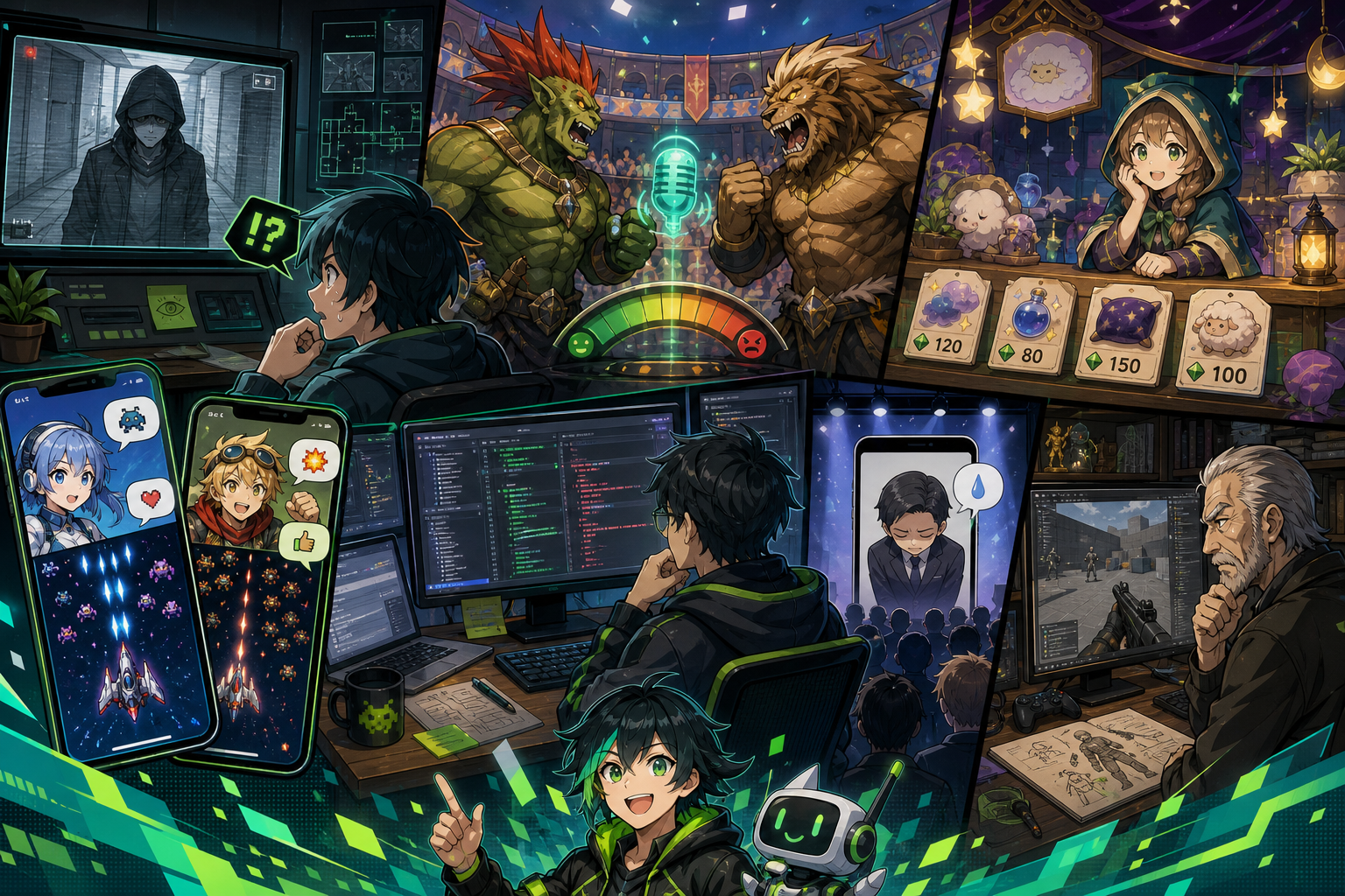 会話ホラーと掛け声採点、Steam露店経営、シューティングIPチャット、コード審査シミュレーション、発表会謝罪、ベテランクリエイターの試作公開が一週間のゲームニュースとして並ぶアニメ調キービジュアル