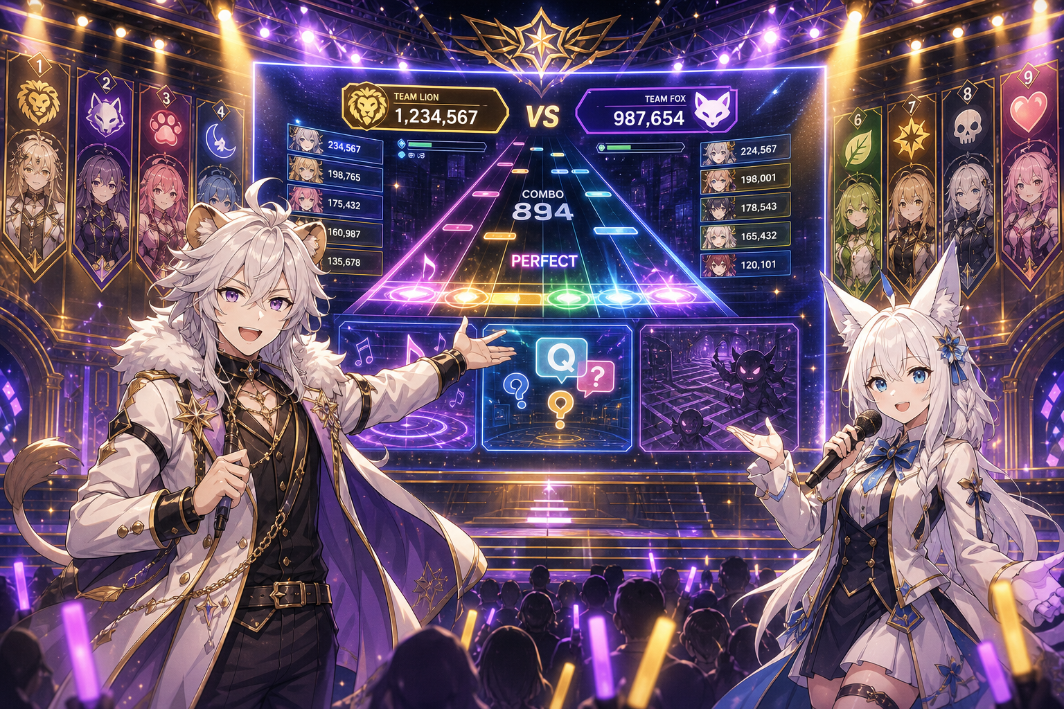 アニメ調のゲーム大会ステージで、ライオン耳のVTuber風キャラクターがホロドリのリズムゲーム画面を背景にチーム対抗配信を司進するイメージ