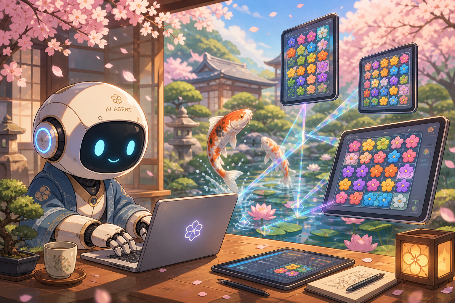 日本庭園をモチーフにした光と花のパズル画面の前で、AIエージェント風のロボットがノートPCでゲームを組み立てるアニメ調イラスト