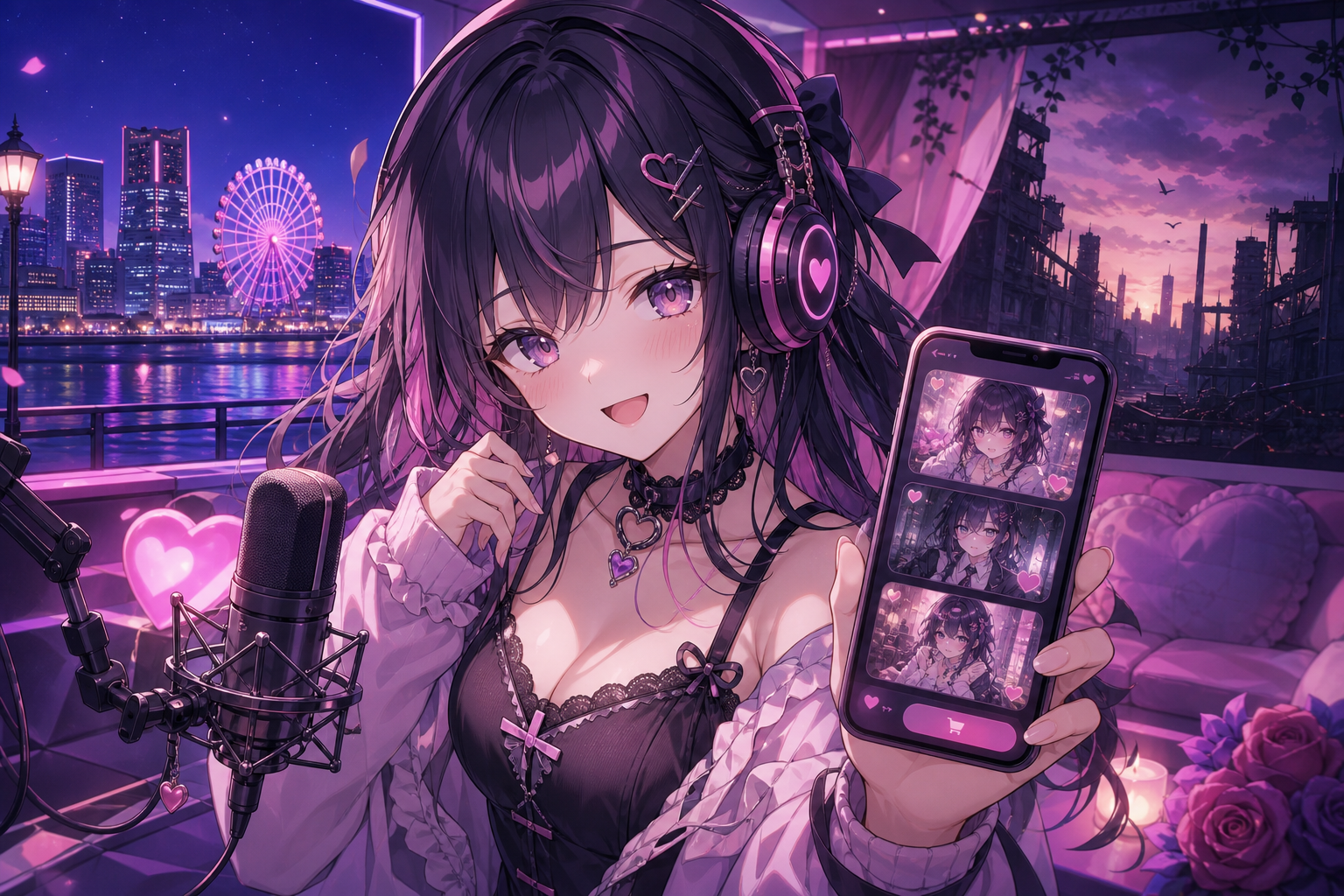 アニメ調の配信部屋でヘッドホンをつけたVTuber風キャラクターがスマートフォンでボイスを選び、夜景と中華街モチーフのデート情景が浮かぶイメージ