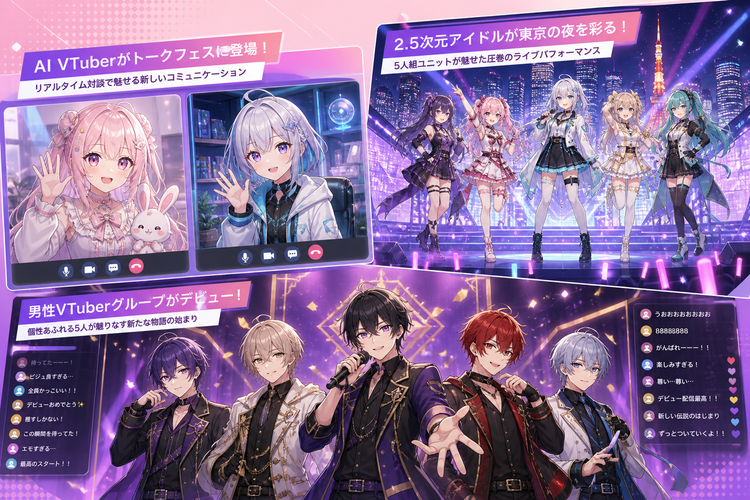AI VTuberの1対1トーク画面、2.5Dバーチャルアイドルのライブステージ、EN男性VTuberのデビュー配信が一週間のニュースとして並べられたアニメ調キービジュアル