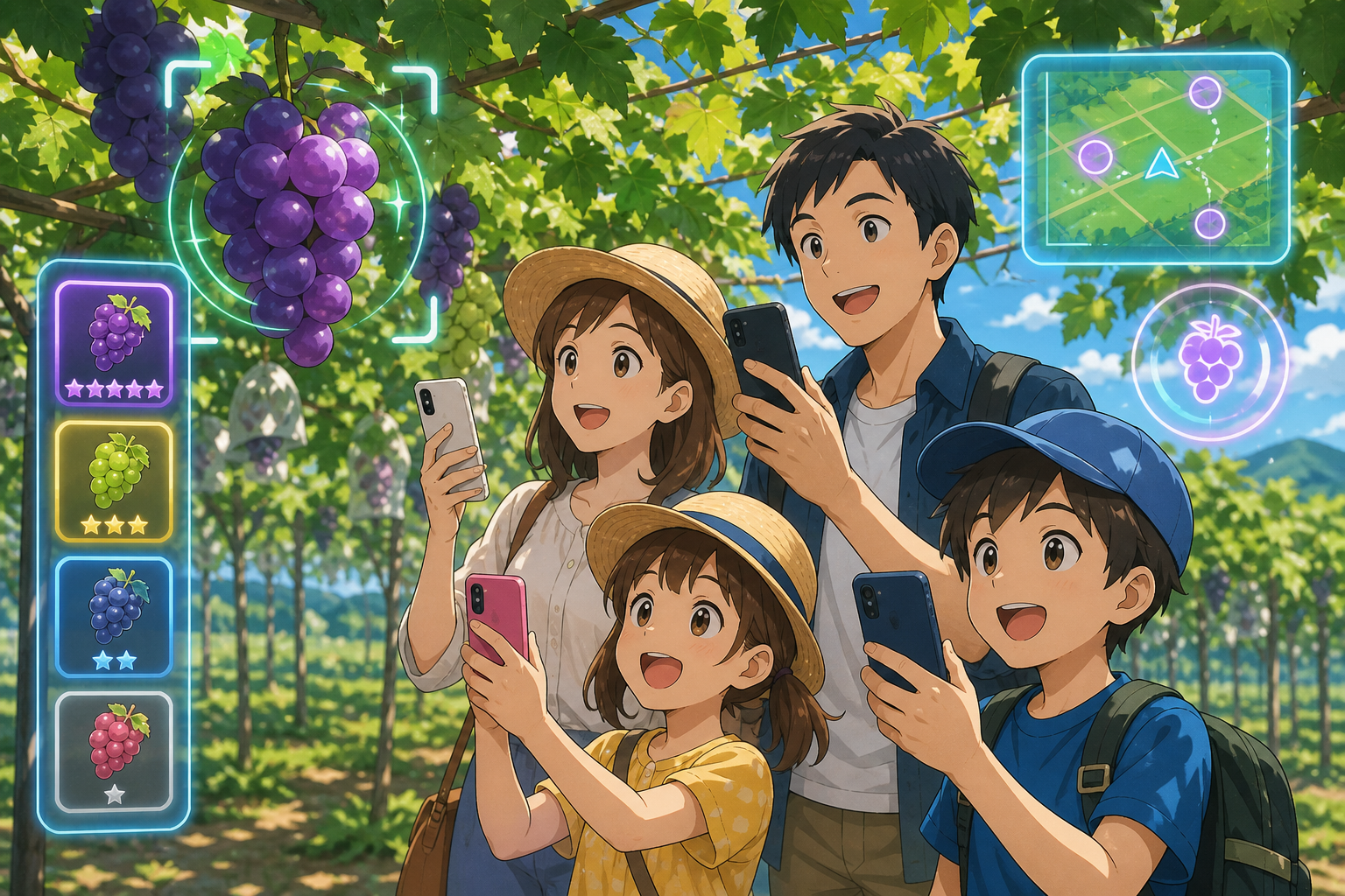 ぶどう園でスマートフォンを掲げ果物を探す親子と、AI判定のレア度UIが浮かぶアニメ調のイラスト