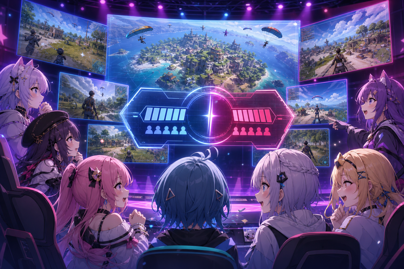 アニメ調の配信スタジオで、複数のVTuber風キャラクターがバトルロイヤルゲーム画面とポイントメーターを背景にオンライン大会を競うイメージ