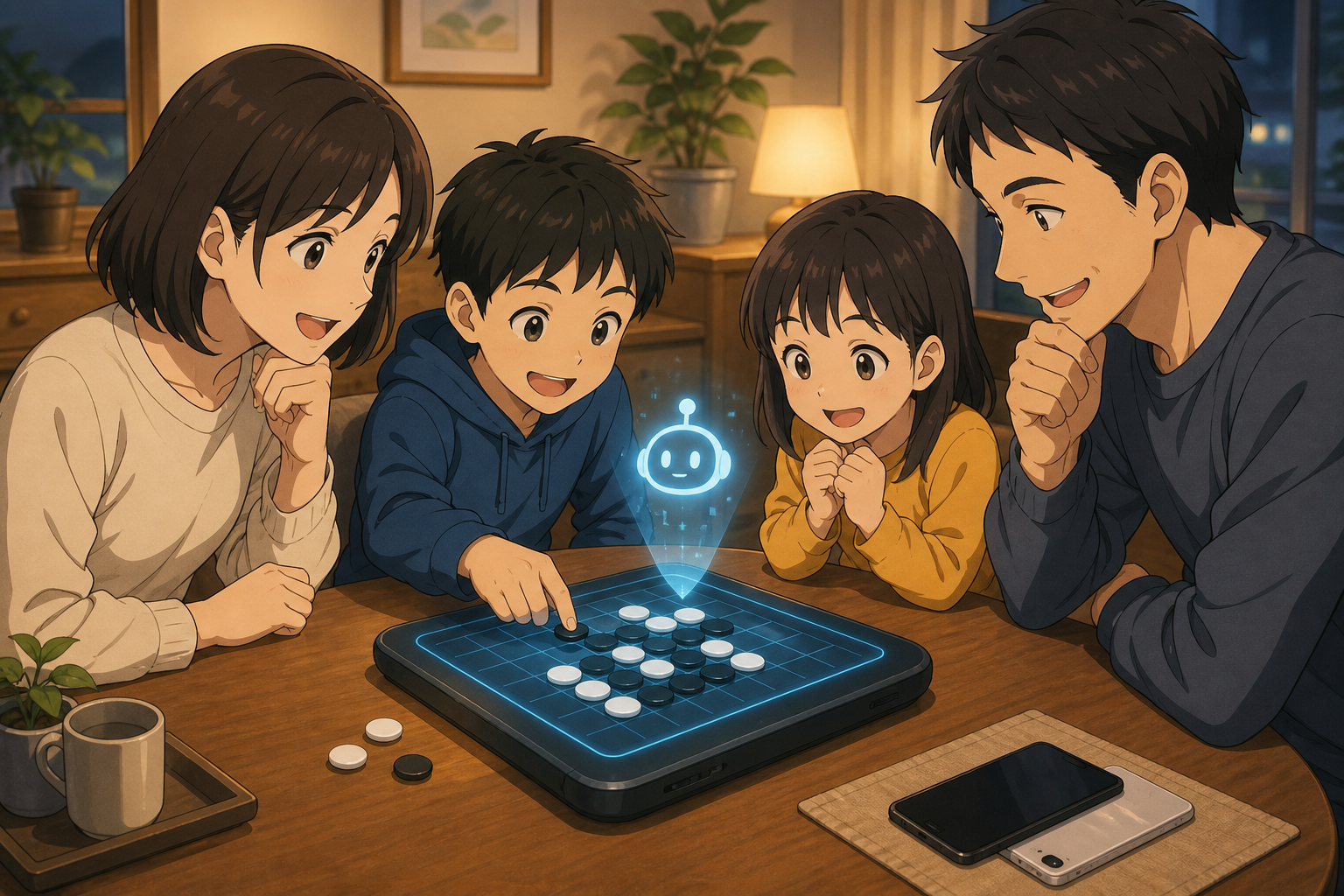 家族が卓上のAI搭載ボードゲーム機で囲碁風の対局を楽しむアニメ調イラスト。盤面に光るAIアイコンが浮かぶ